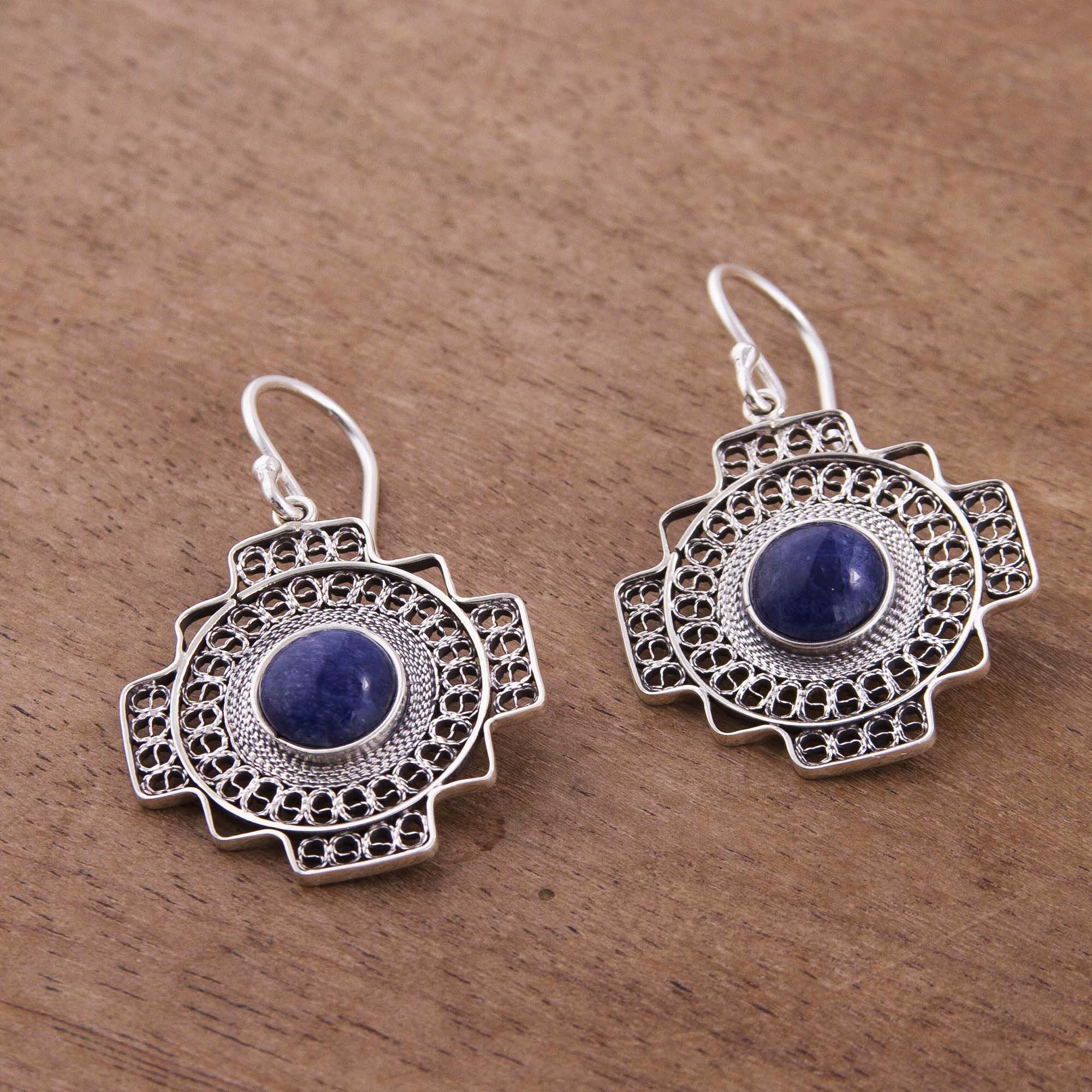 Premium Blue Mountain Chakana Sodalite Dangle Earrings - Handcrafted in Peru