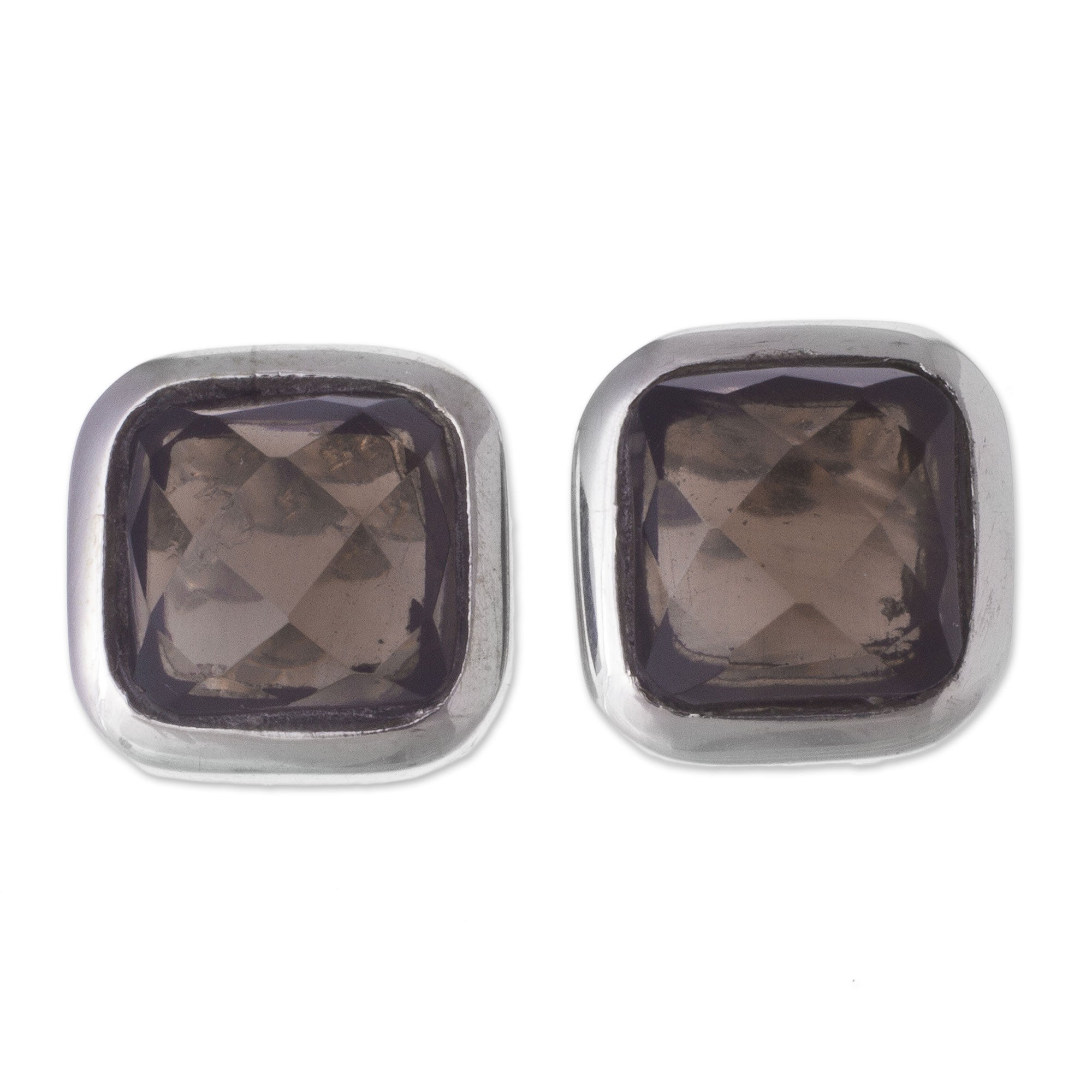 Premium Square Smoky Quartz Button Earrings - Handcrafted in Peru