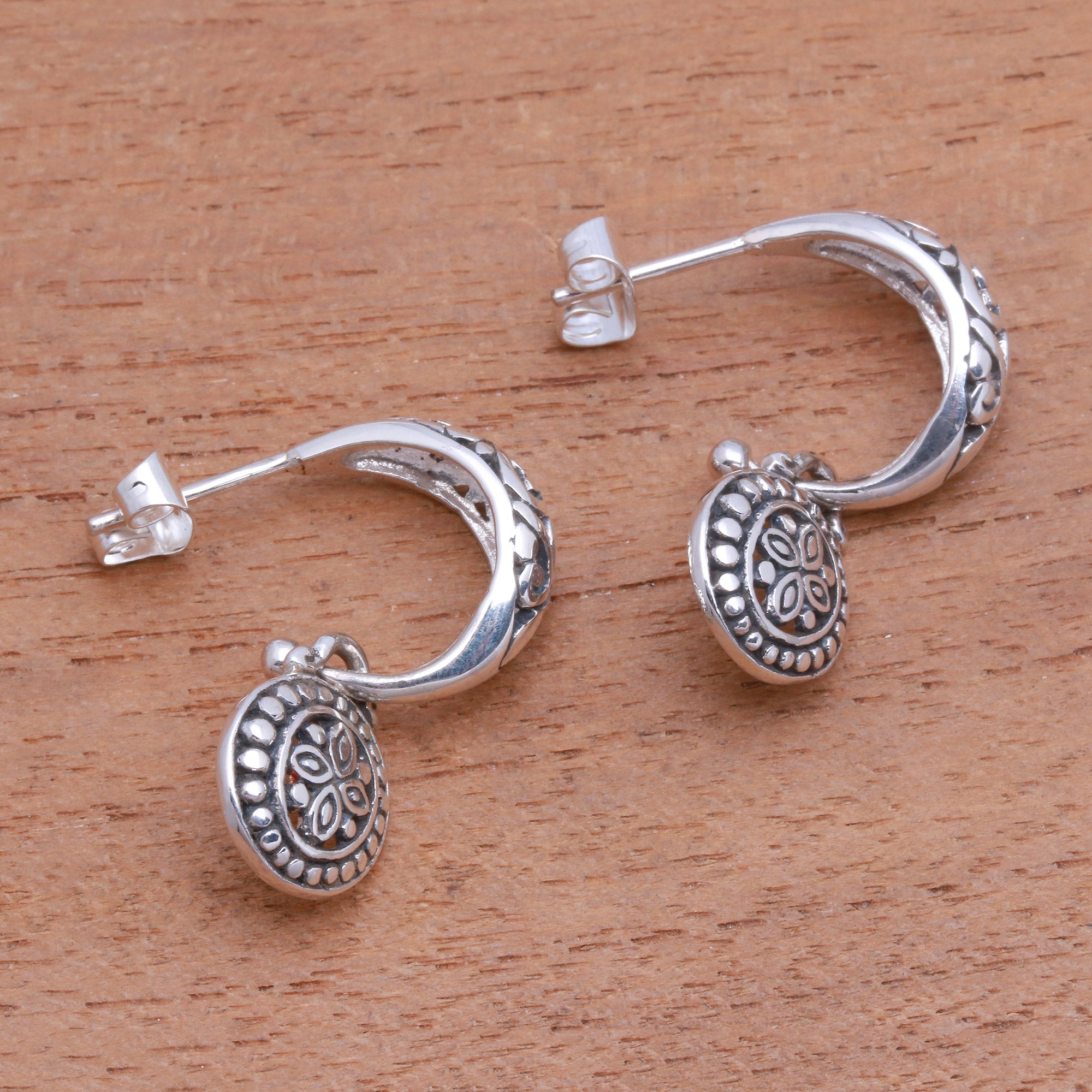 Premium Bali Sterling Silver Half-Hoop Dangle Earrings - Handcrafted Elegance