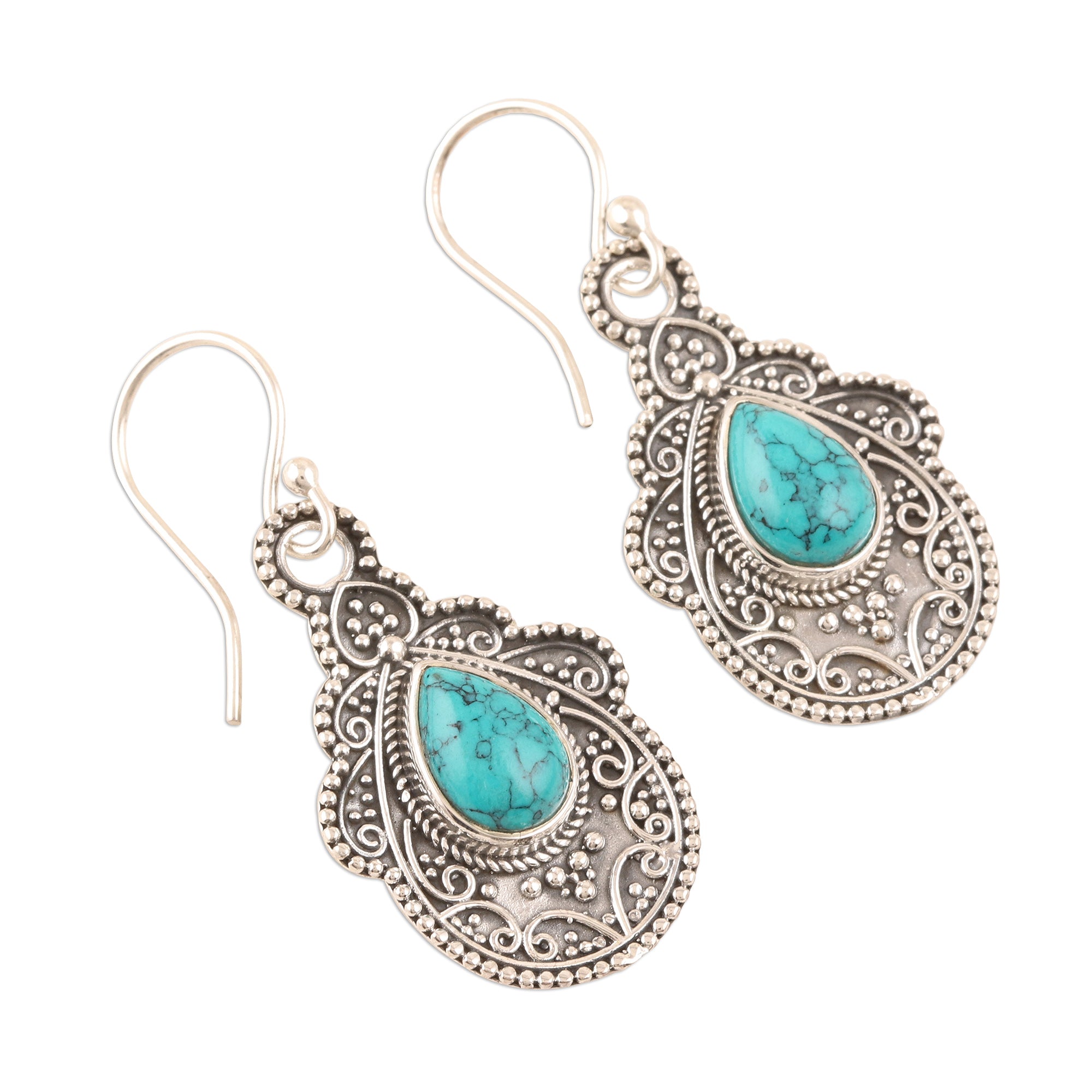 Premium Agra Aesthetic Oxidized Silver & Turquoise Dangle Earrings