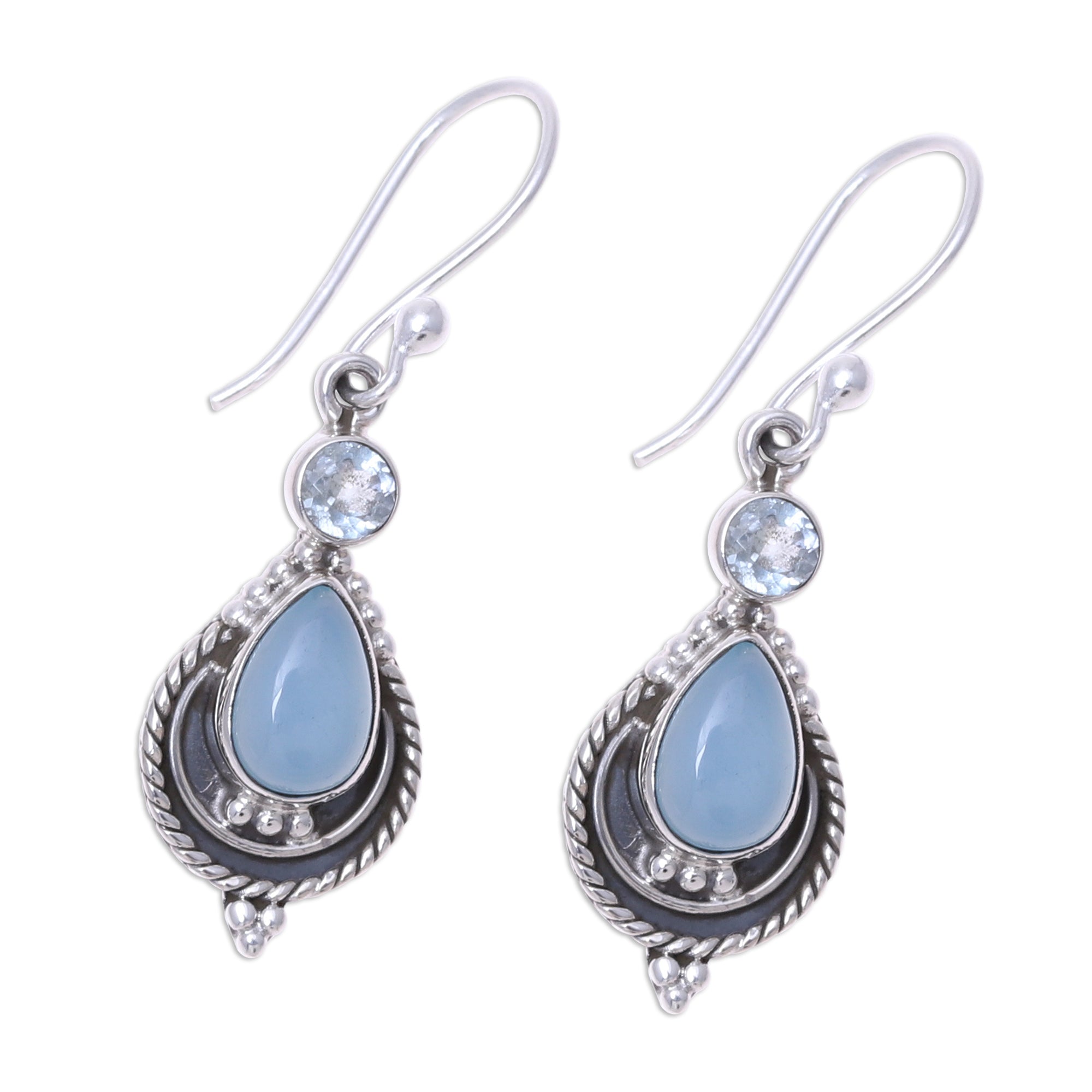 Premium Sky Fascination Chalcedony & Blue Topaz Dangle Earrings – Handcrafted in India