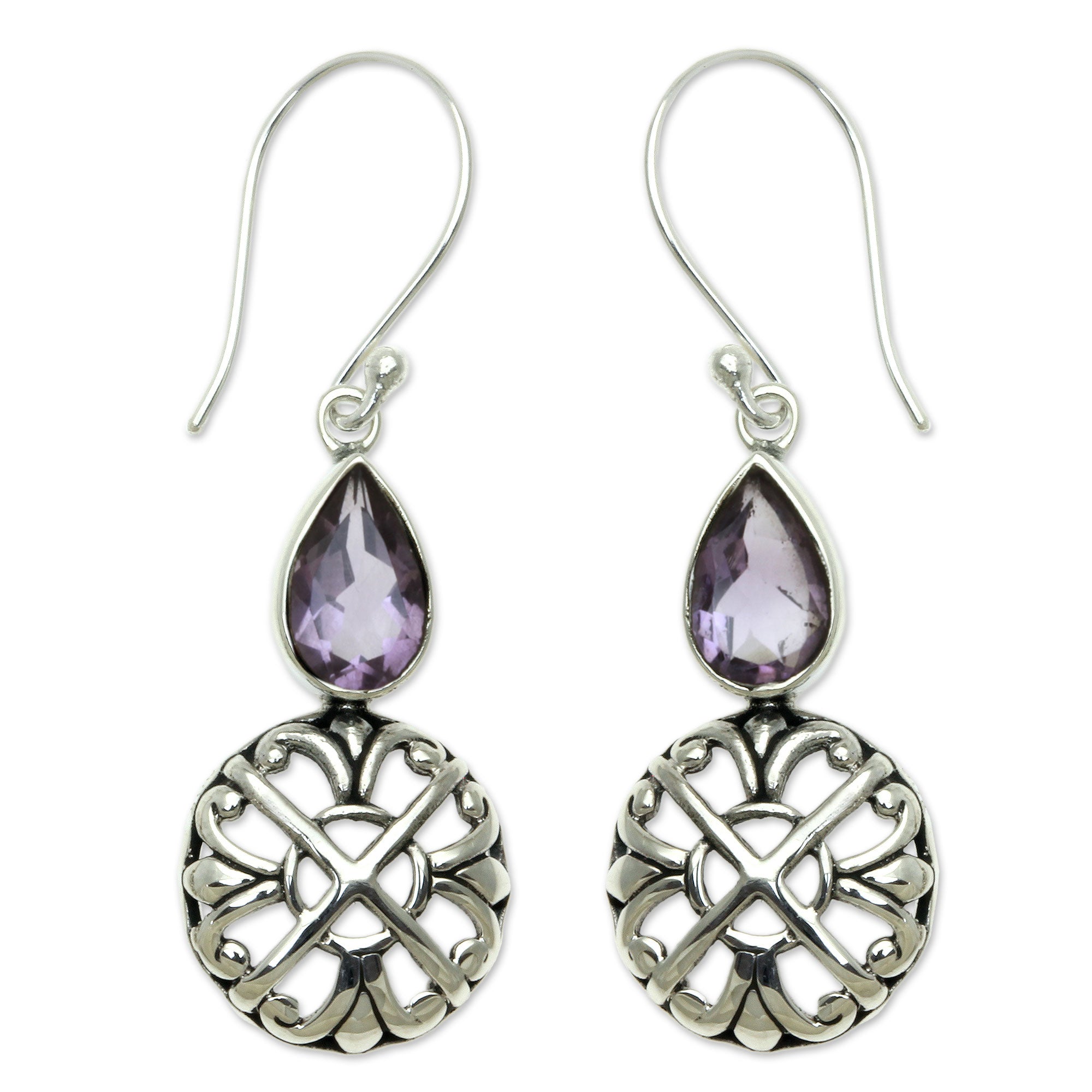 Premium Purple Bali Cakra Sterling Silver and Amethyst Dangle Earrings - Handcrafted in Bali