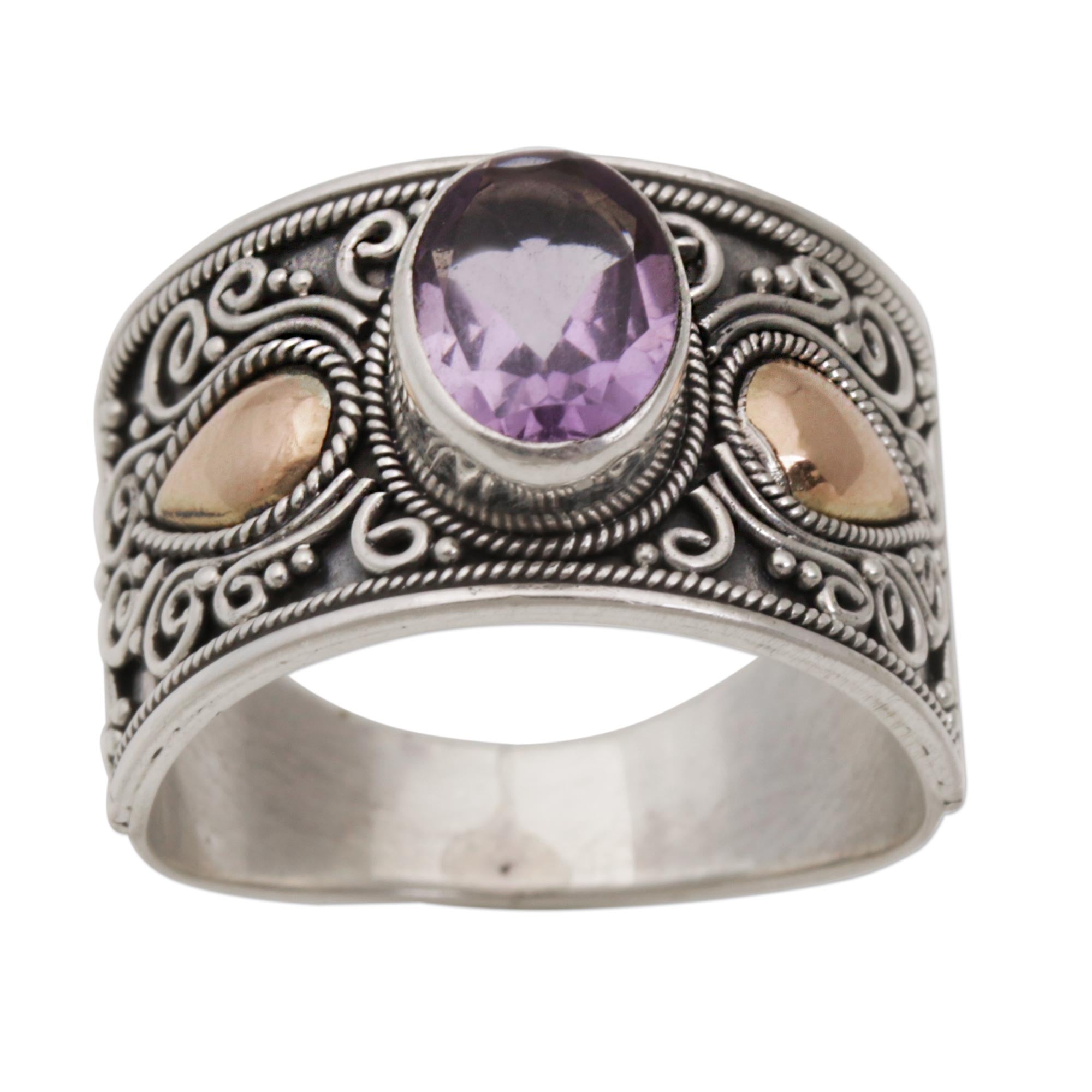 Premium Cantik Sparkle Gold Accent Amethyst Ring - Handcrafted in Bali