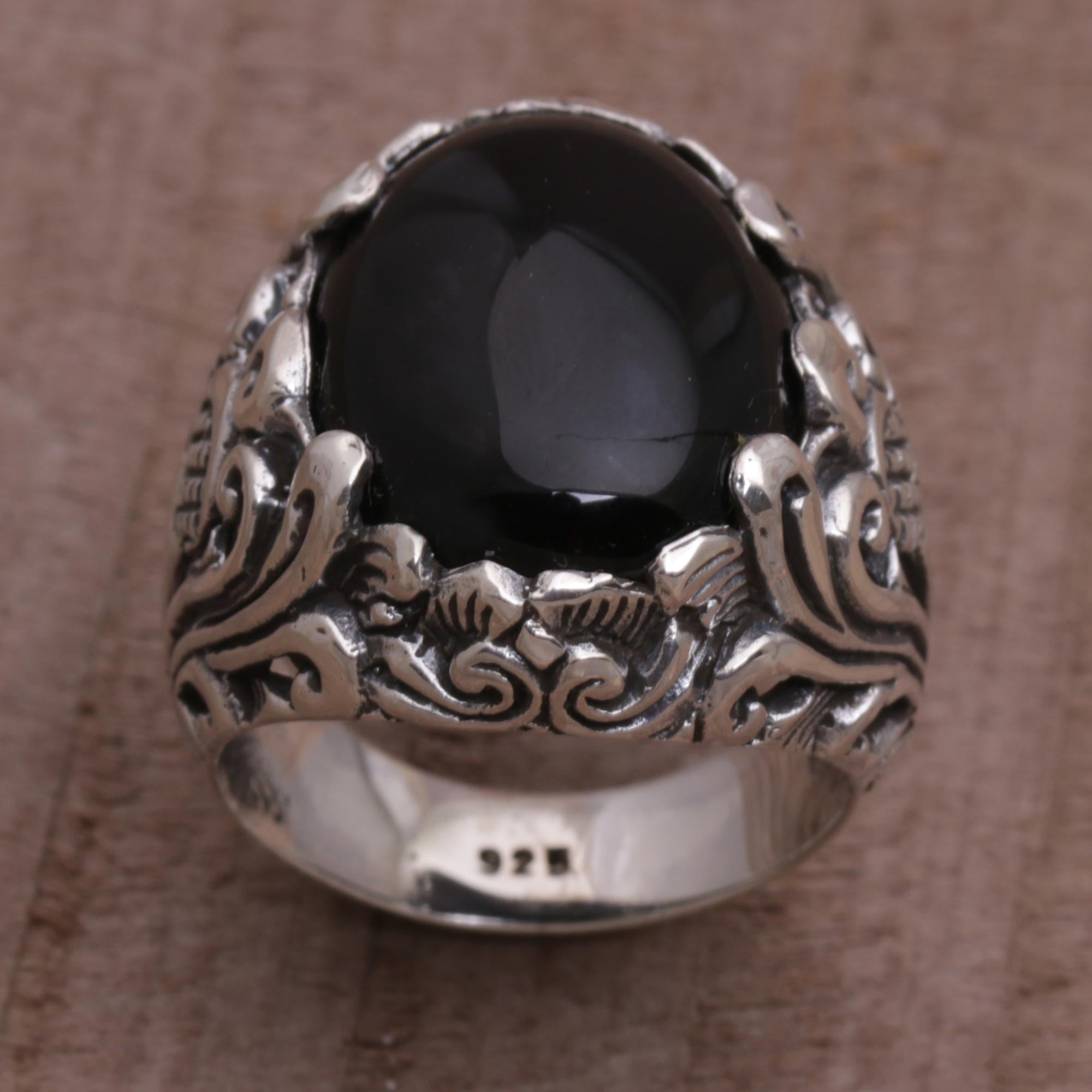 Premium Night Bloom Black Onyx Floral Cocktail Ring