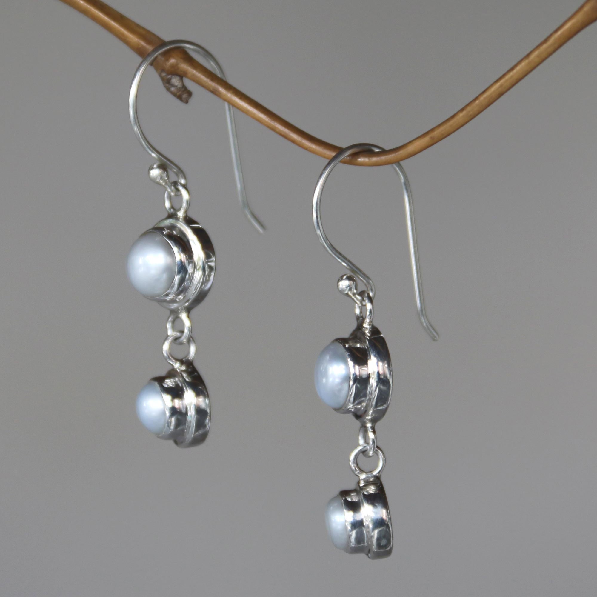 Premium Two Full Moons Pearl & Silver Drop Earrings - Handcrafted Elegance