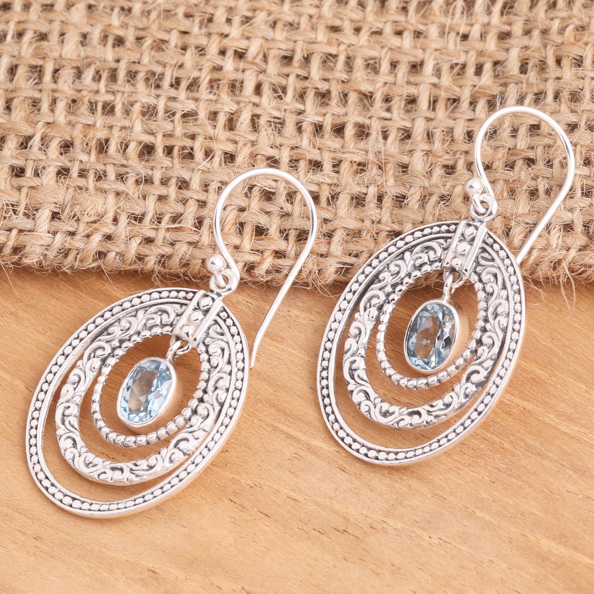 Premium Inner Circles Blue Topaz Earrings – Balinese Artisan Crafted