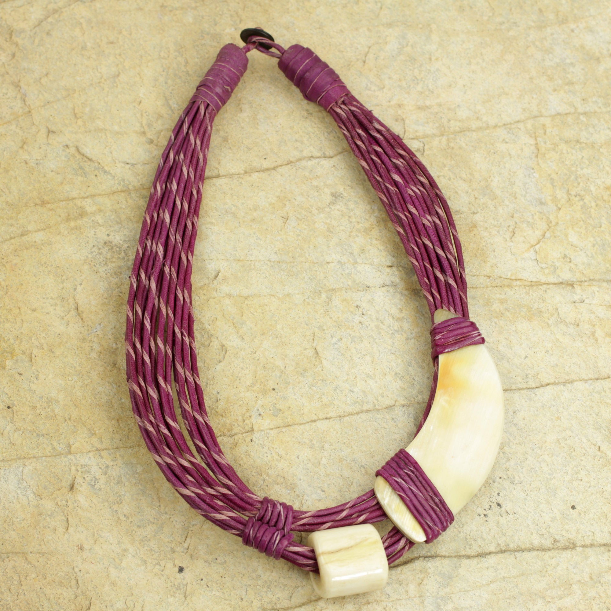 Premium Sougri Violet Handcrafted Leather Necklace with Bone & Horn Pendant