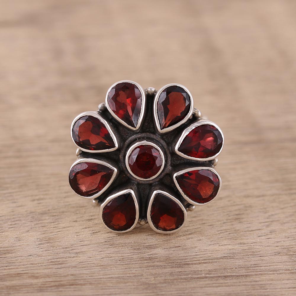 Premium Floral Glamour Garnet Ring - Sterling Silver Flower Jewelry