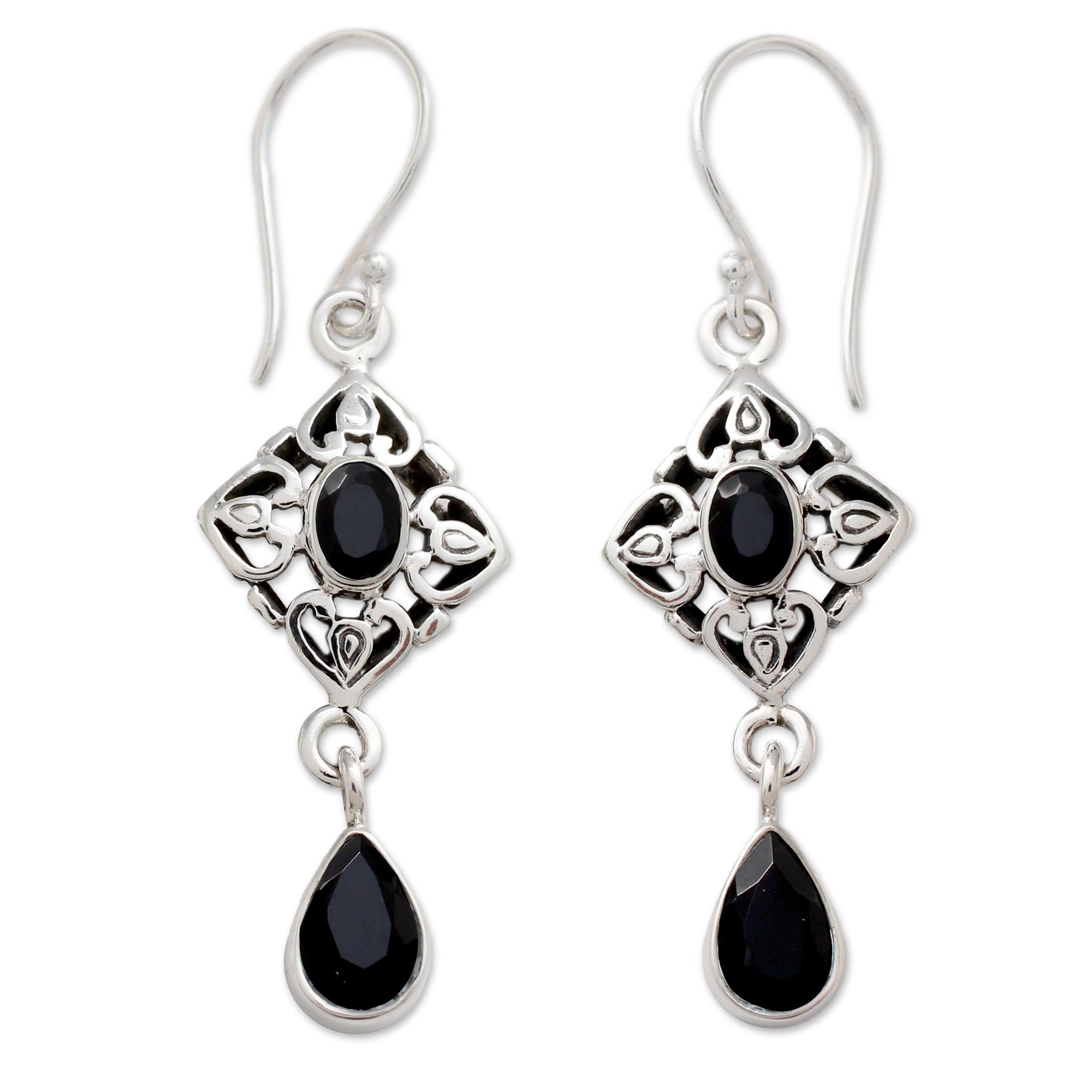 Premium Sterling Silver and Black Onyx Dangle Earrings - Elegant Ornate Design