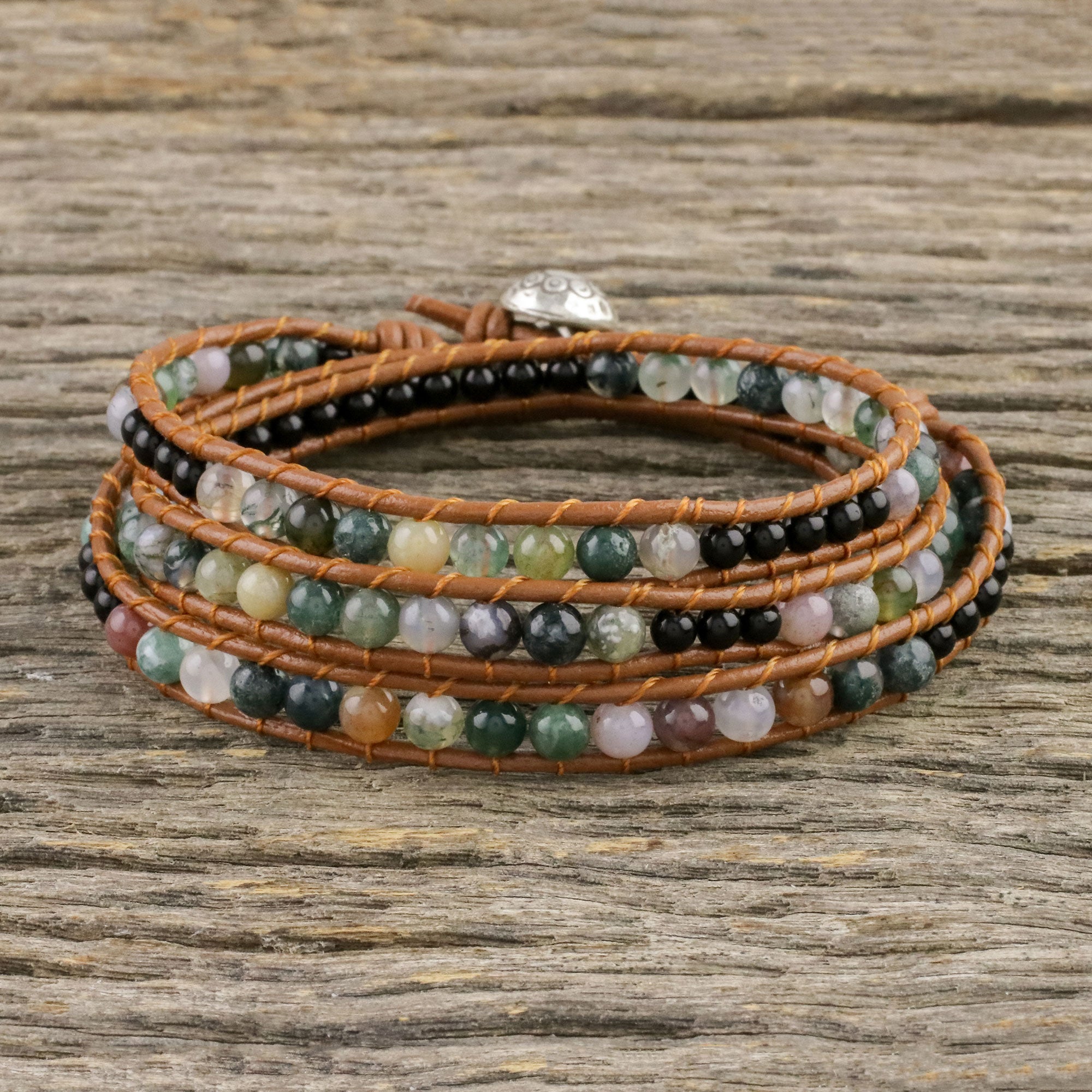 Premium Sunset Fields Moss Agate & Onyx Wrap Bracelet - Unisex Leather Cord Design