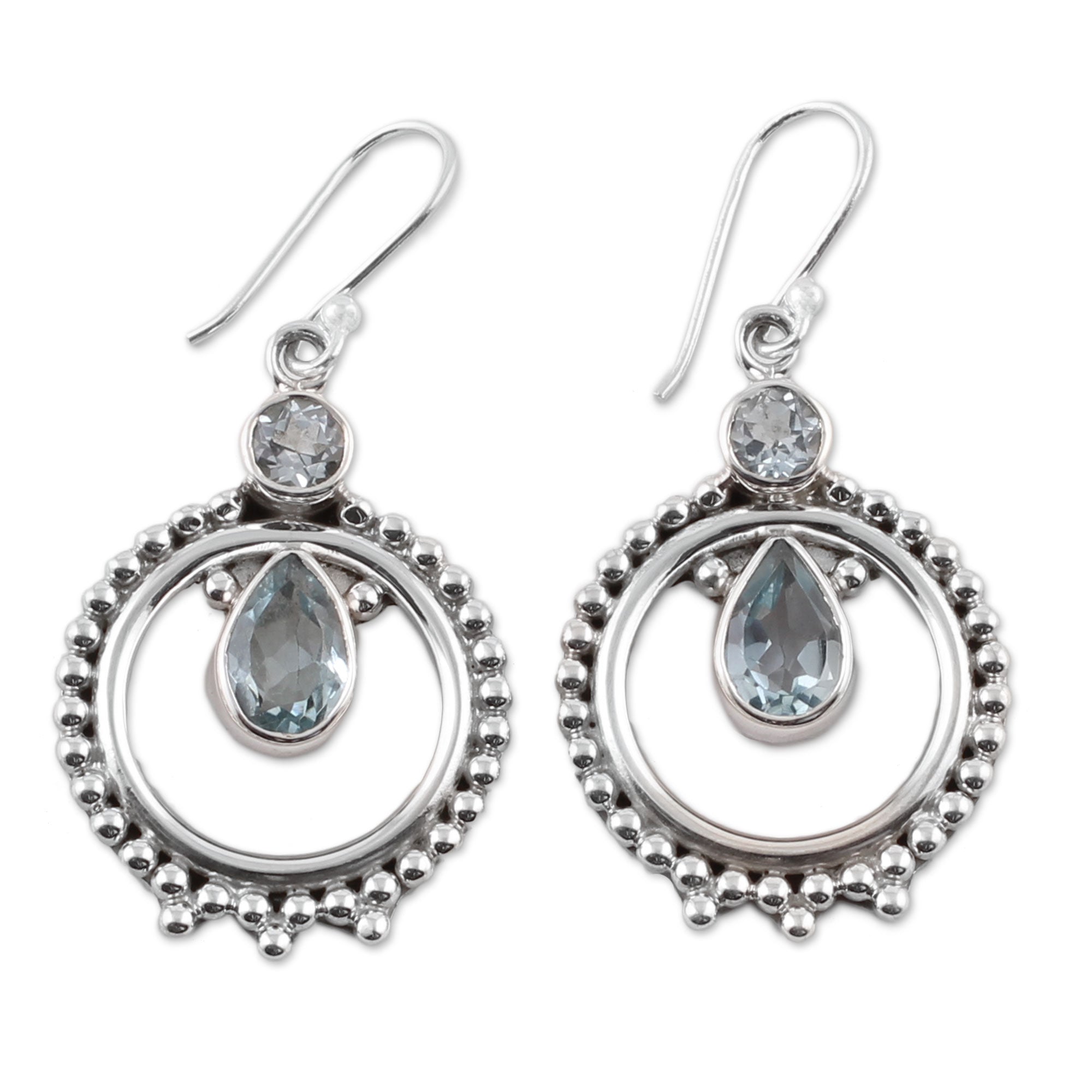 Premium Regal Circles Blue Topaz Dangle Earrings – Handcrafted Sterling Silver Jewelry from India