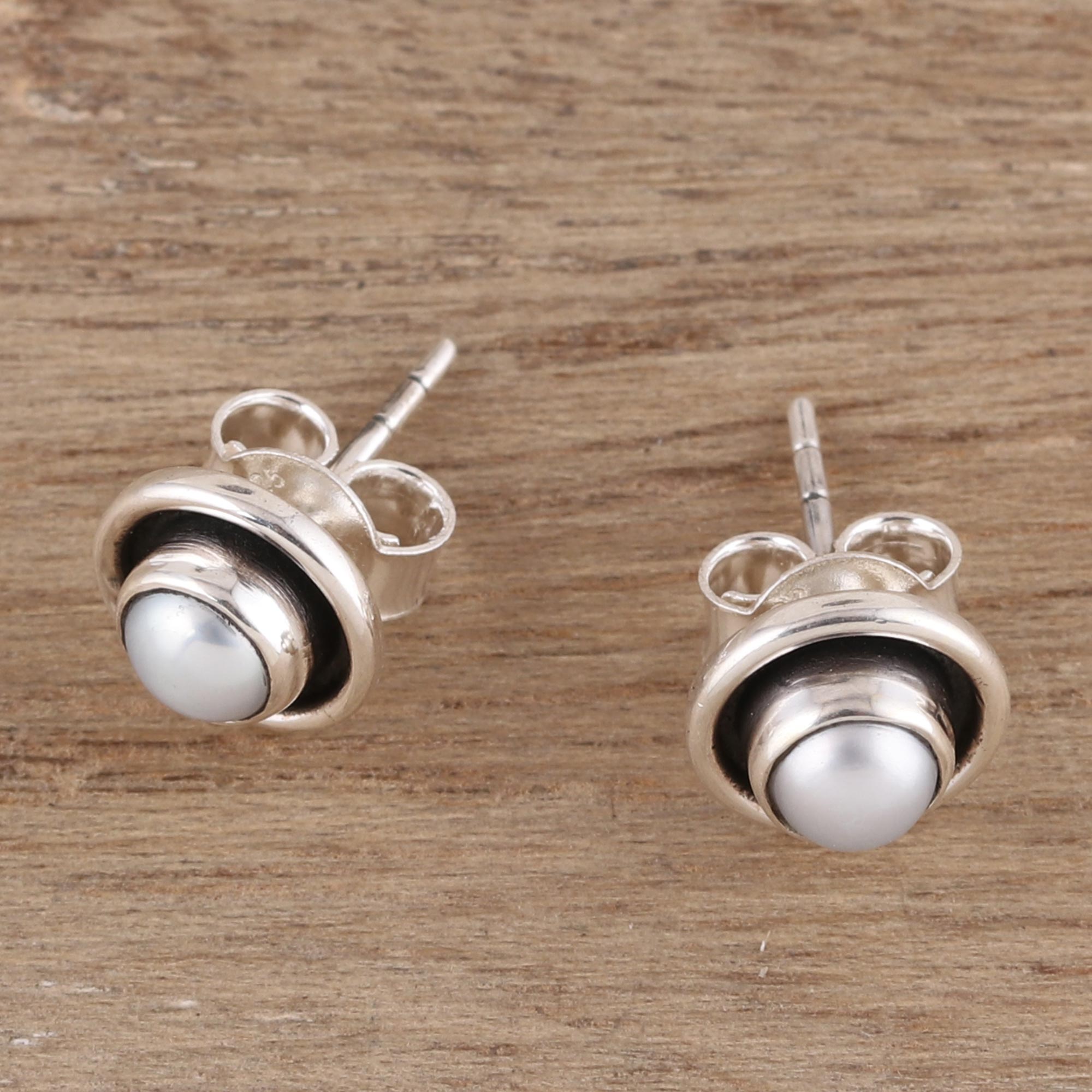 Premium Circular Cultured Pearl Stud Earrings - Sterling Silver Frames