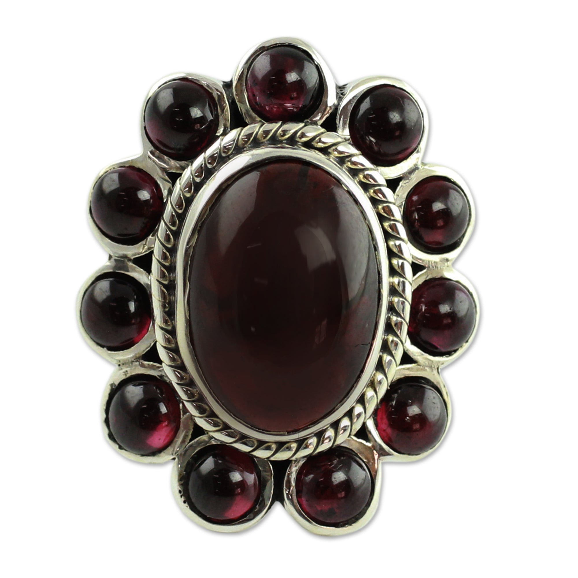 Premium Scarlet Petals Floral Ring - Sterling Silver & Garnet