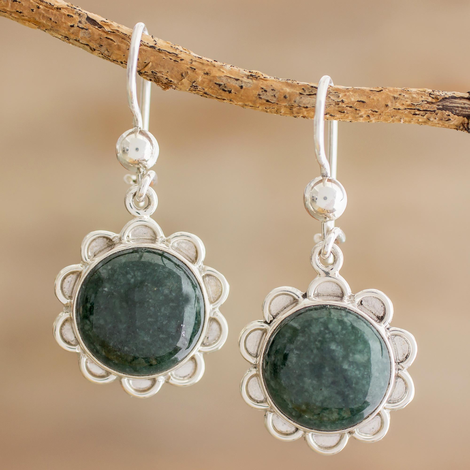 Premium Dark Green Jade Dangle Earrings - Handcrafted Sterling Silver Jewelry from Guatemala