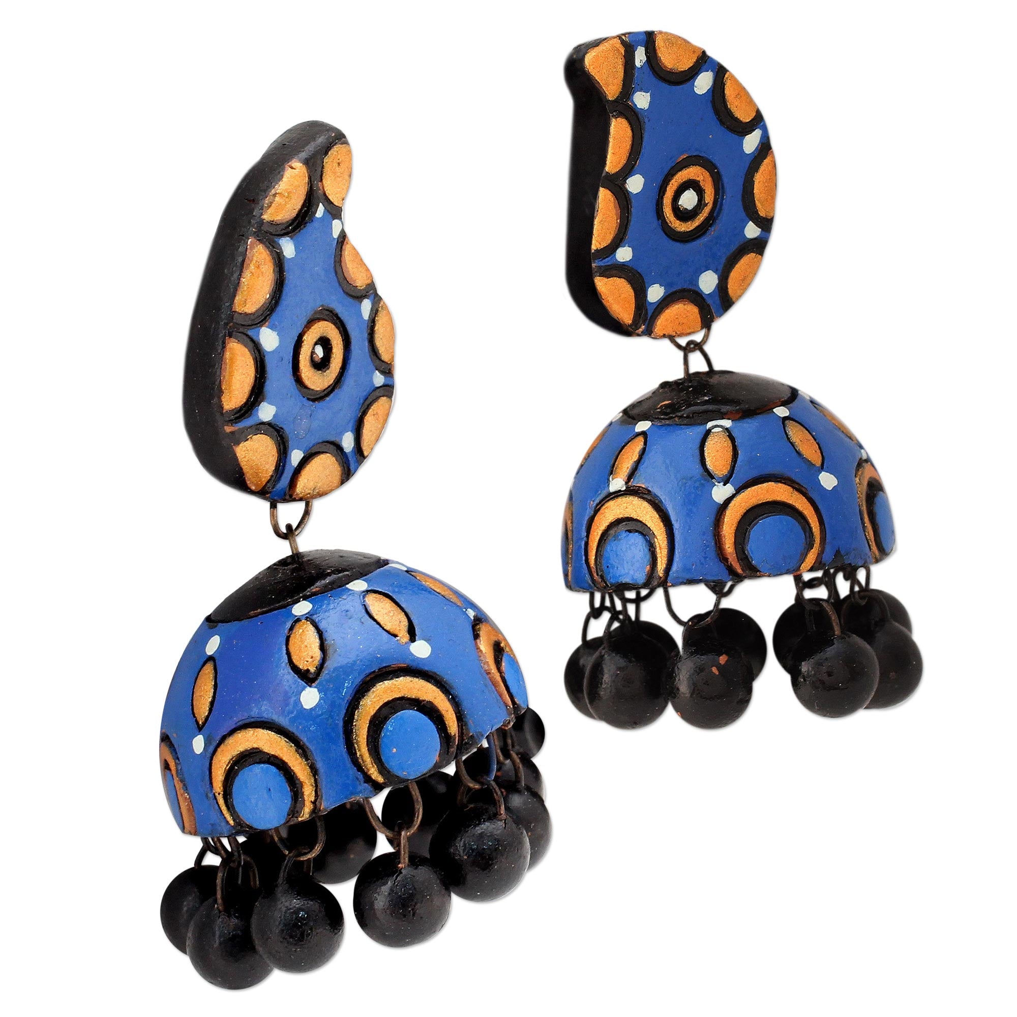 Premium Blue Paisley Handmade Ceramic Dangle Earrings - Vibrant Blue & Orange