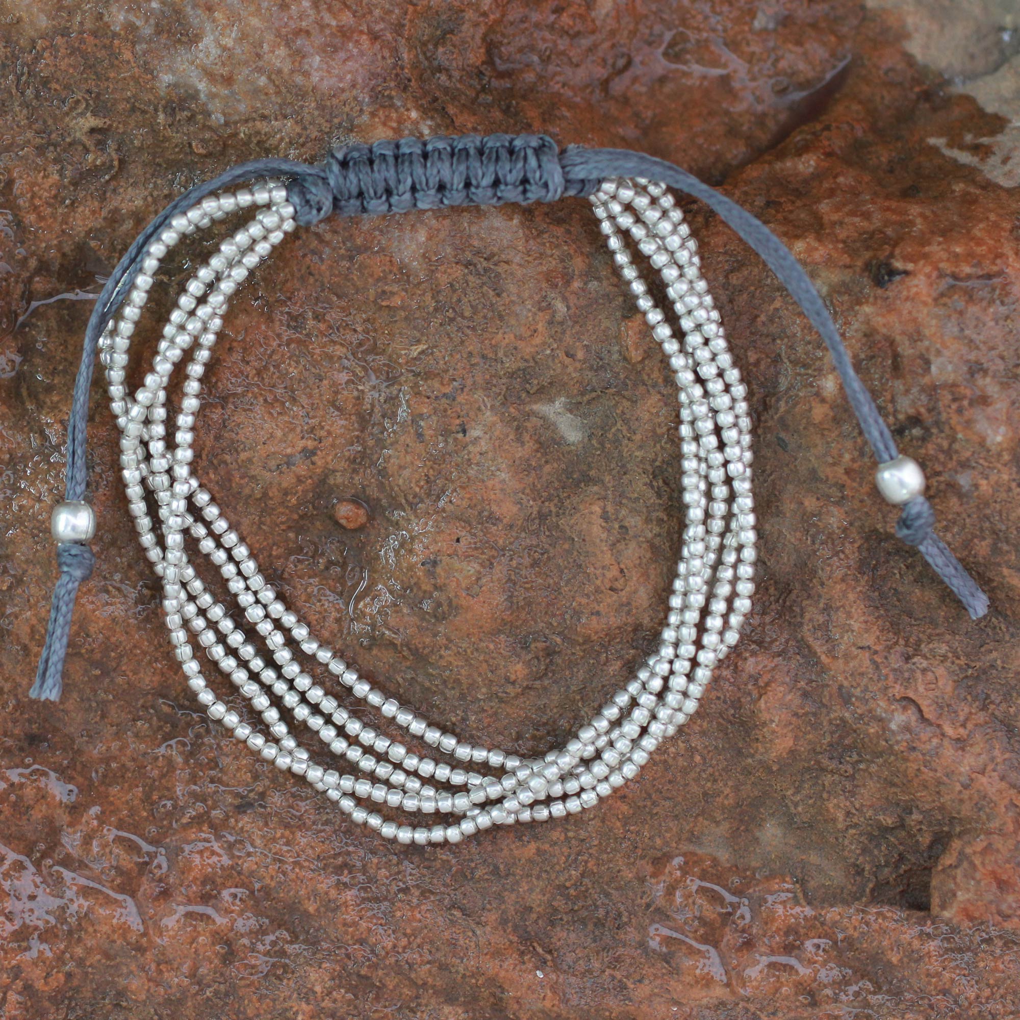 Premium Silver Beaded Adjustable Bracelet - Handcrafted in India