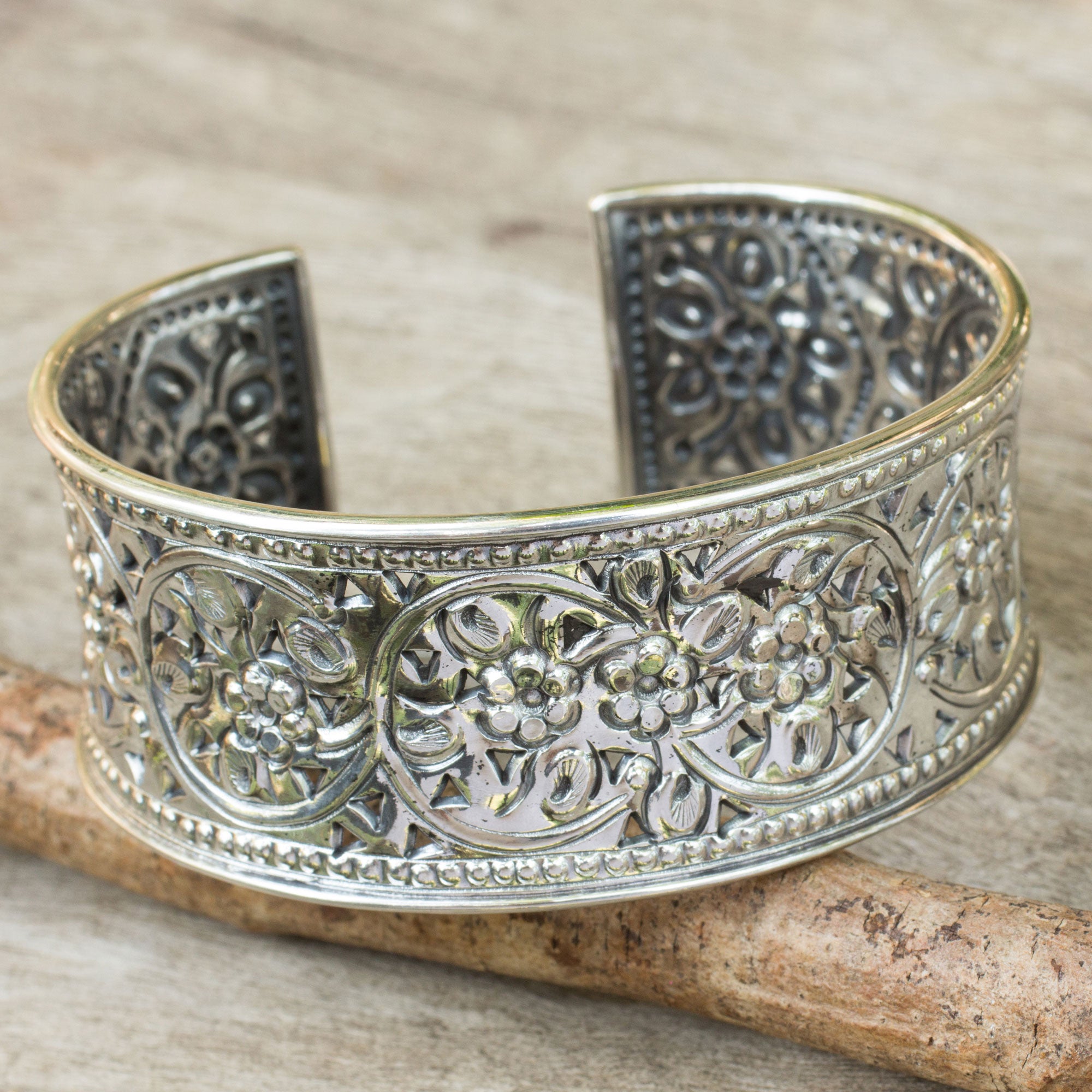 Premium Floral Motif Handmade Sterling Silver Cuff Bracelet