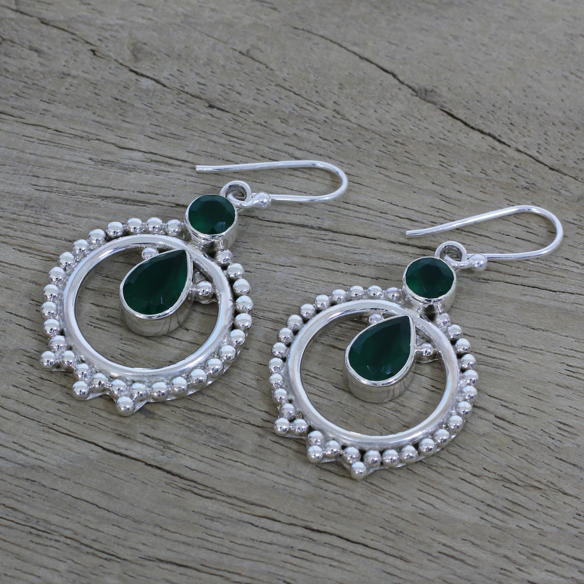 Premium Regal Circles Green Onyx Sterling Silver Dangle Earrings - Handcrafted in India