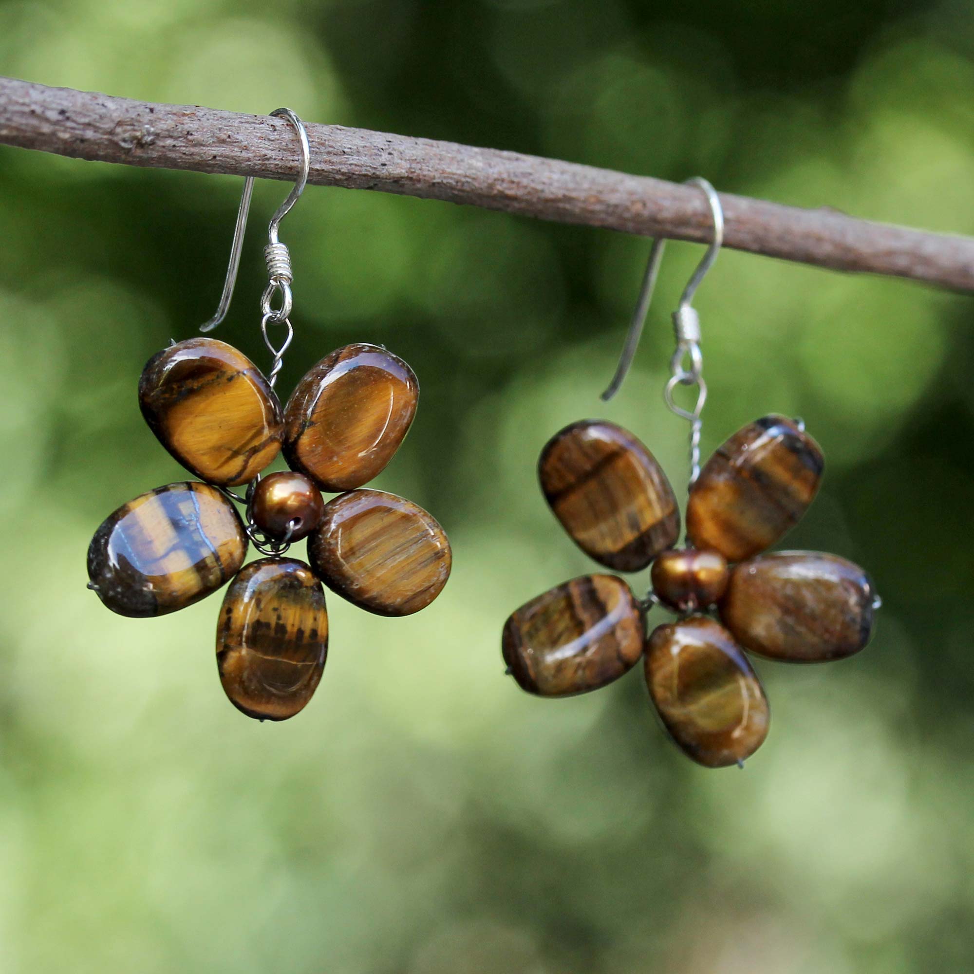 Premium Paradise Pearl & Tiger's Eye Elegant Flower Earrings