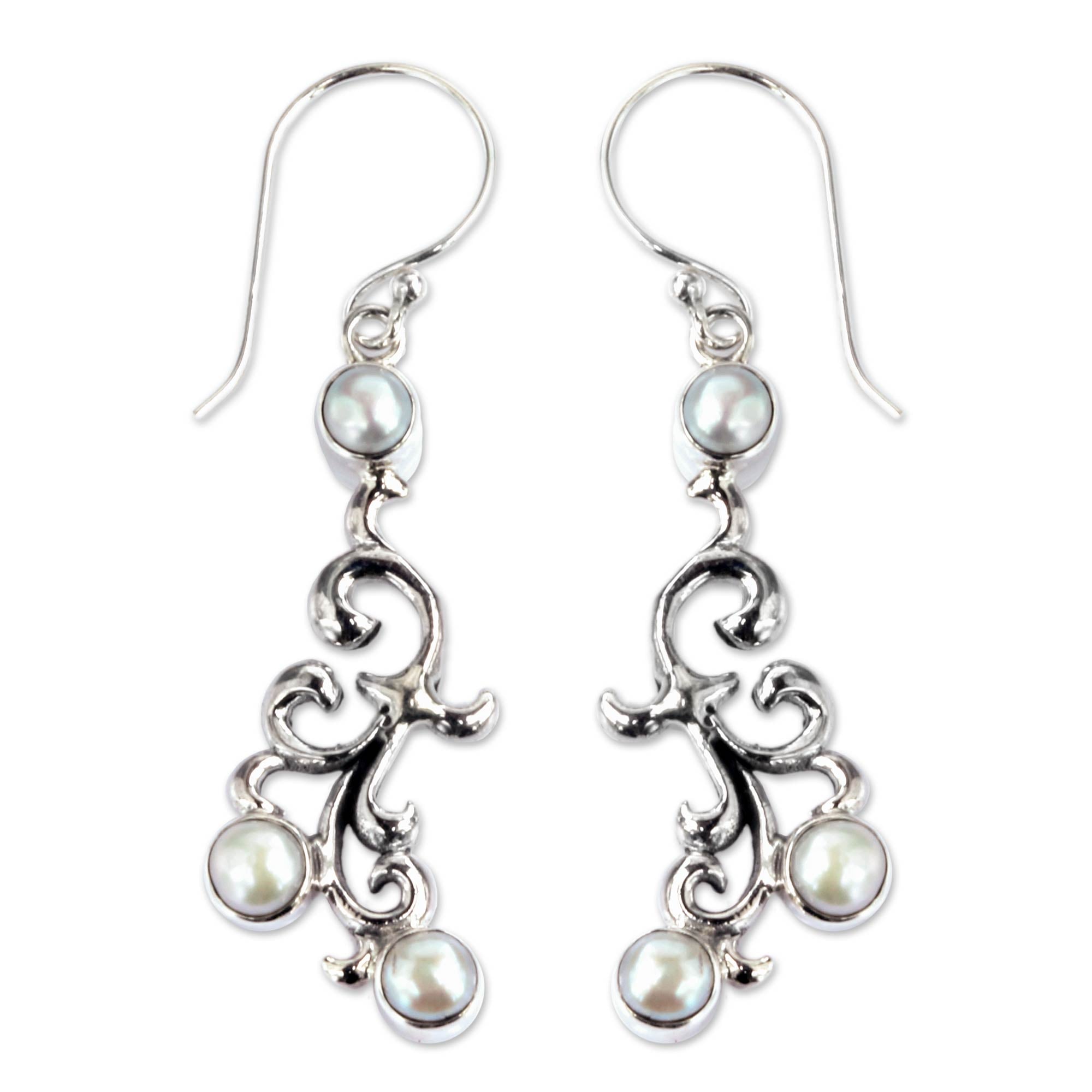 Premium Singaraja Vines Sterling Silver & Cultured Pearl Dangle Earrings - Elegant Bali Design