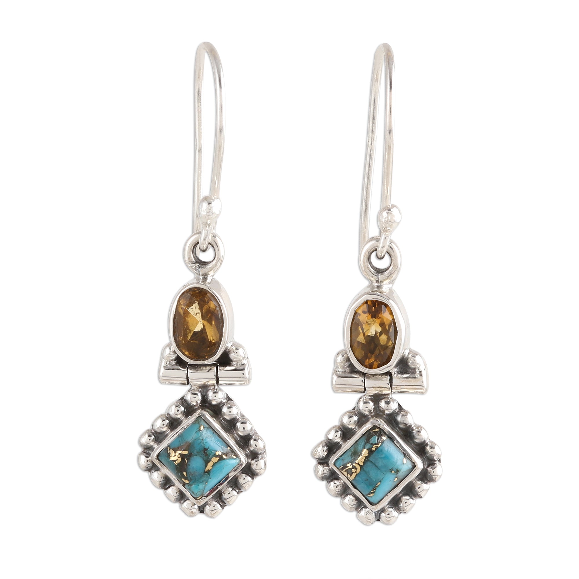 Premium Citrine & Turquoise Sterling Silver Dangle Earrings – Handcrafted in India