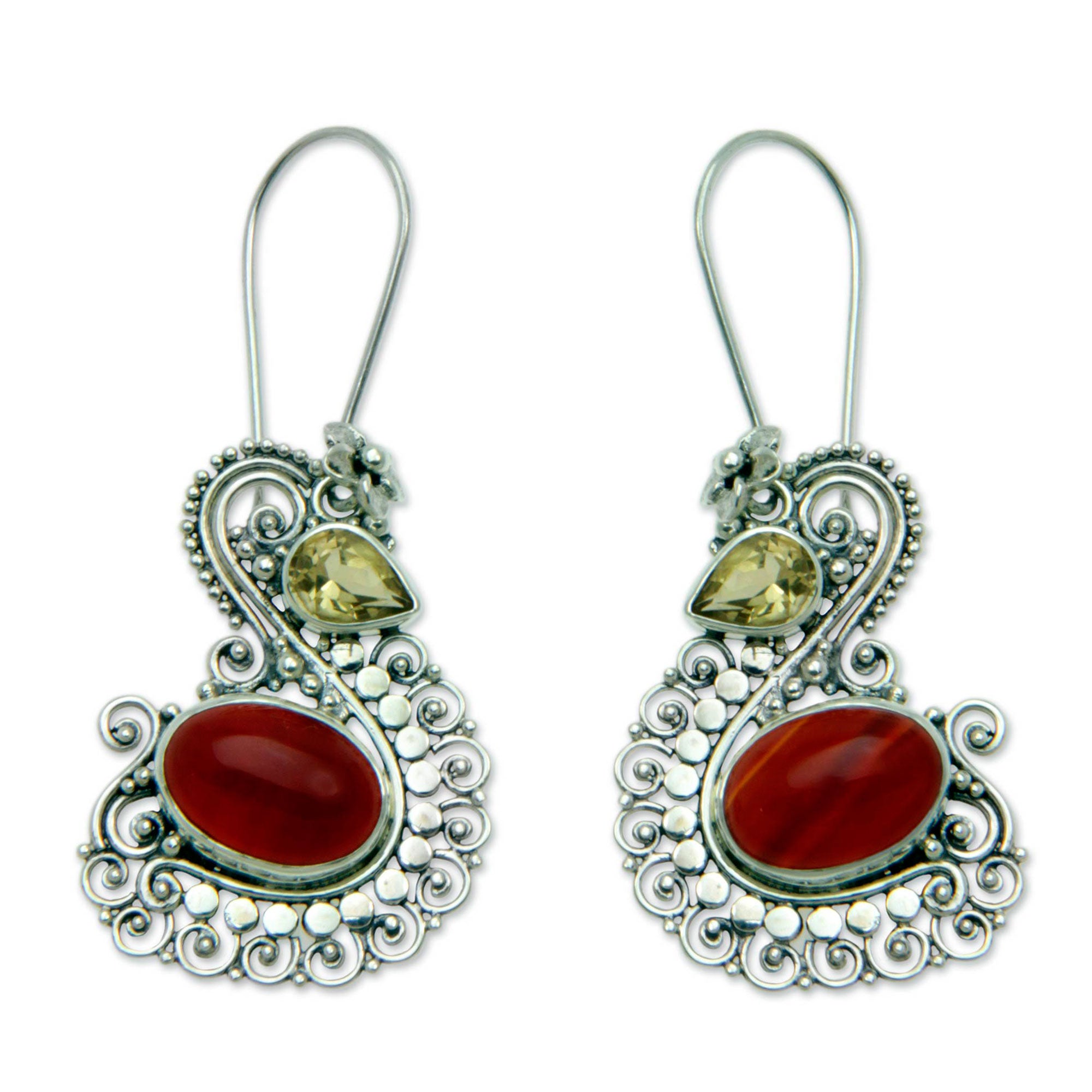 Premium Balinese Swan Silver Earrings with Carnelian & Citrine – Elegant & Timeless