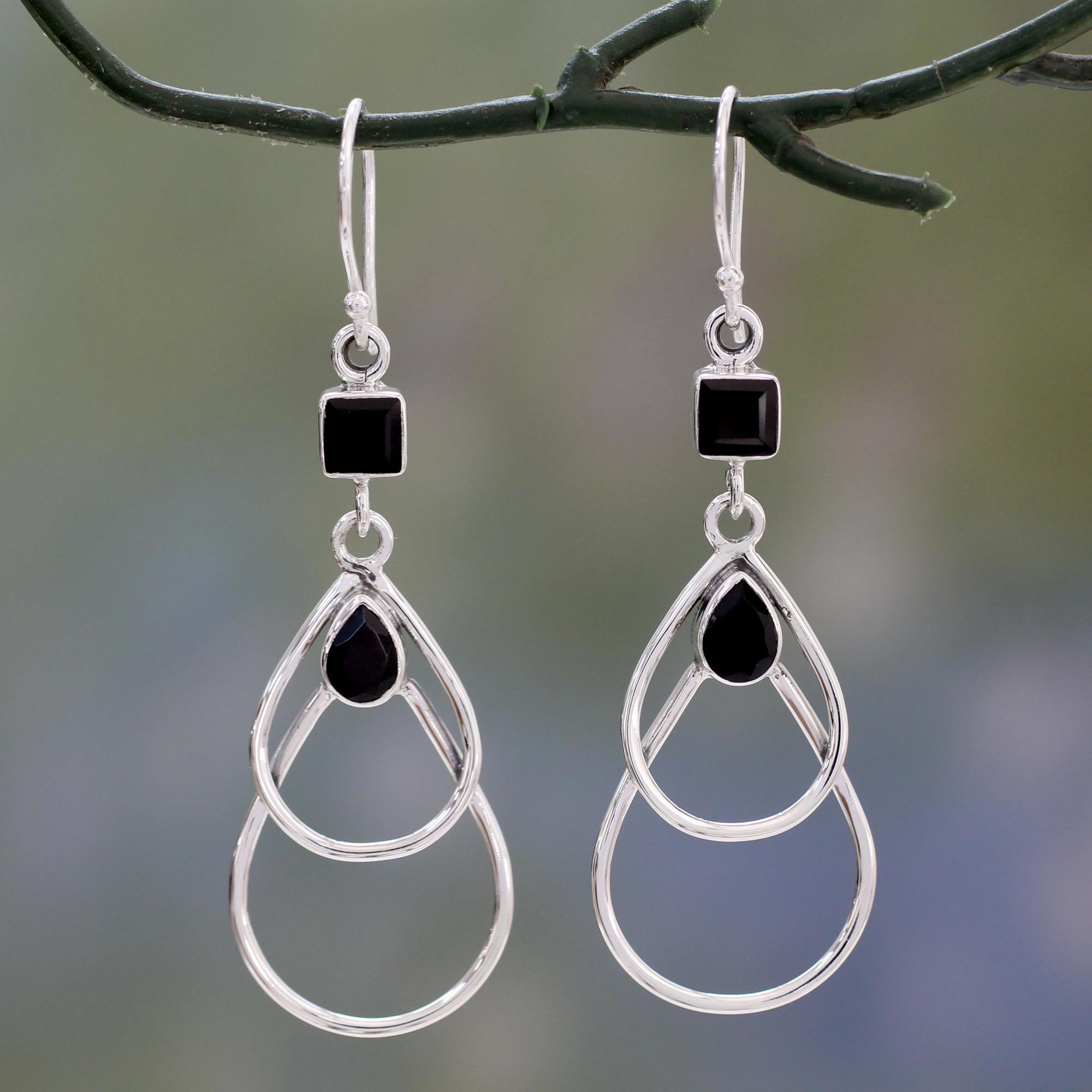 Premium Black Ice Onyx Dangle Earrings in Polished Sterling Silver