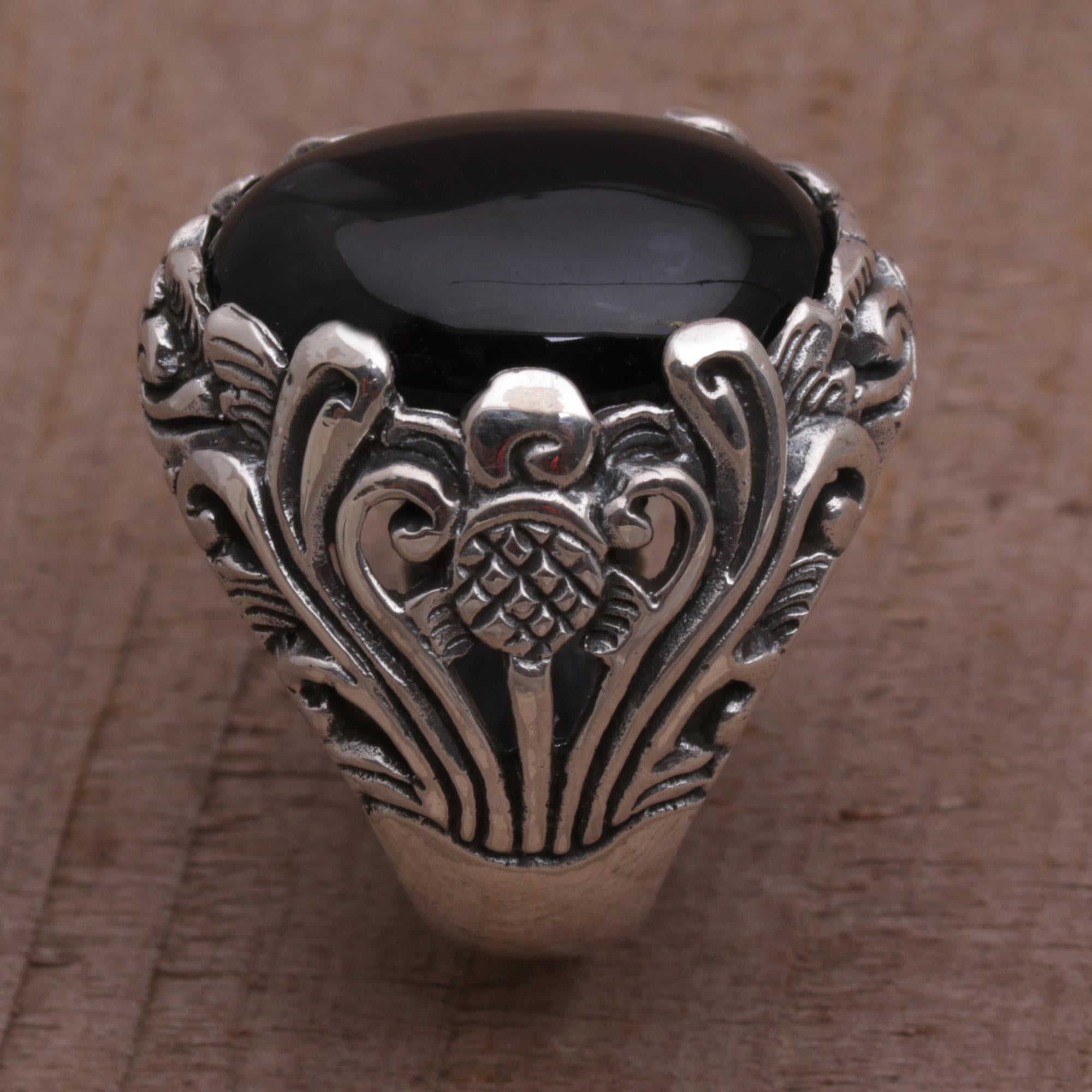 Premium Night Bloom Black Onyx Floral Cocktail Ring