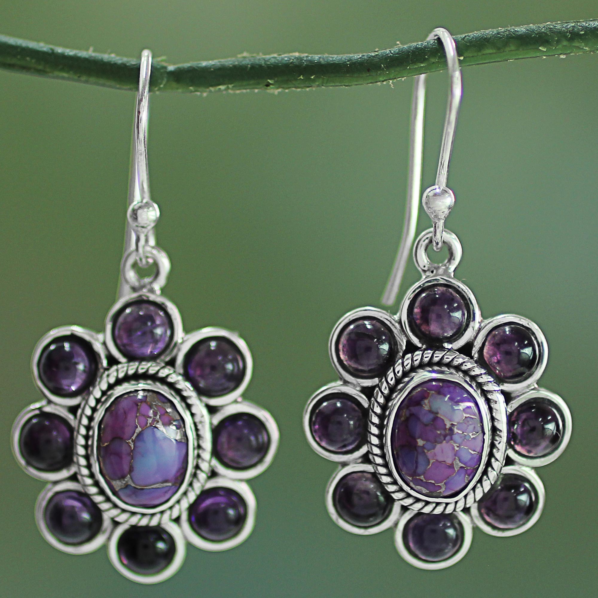 Premium Amethyst & Turquoise Dangle Earrings – Violet Elegance