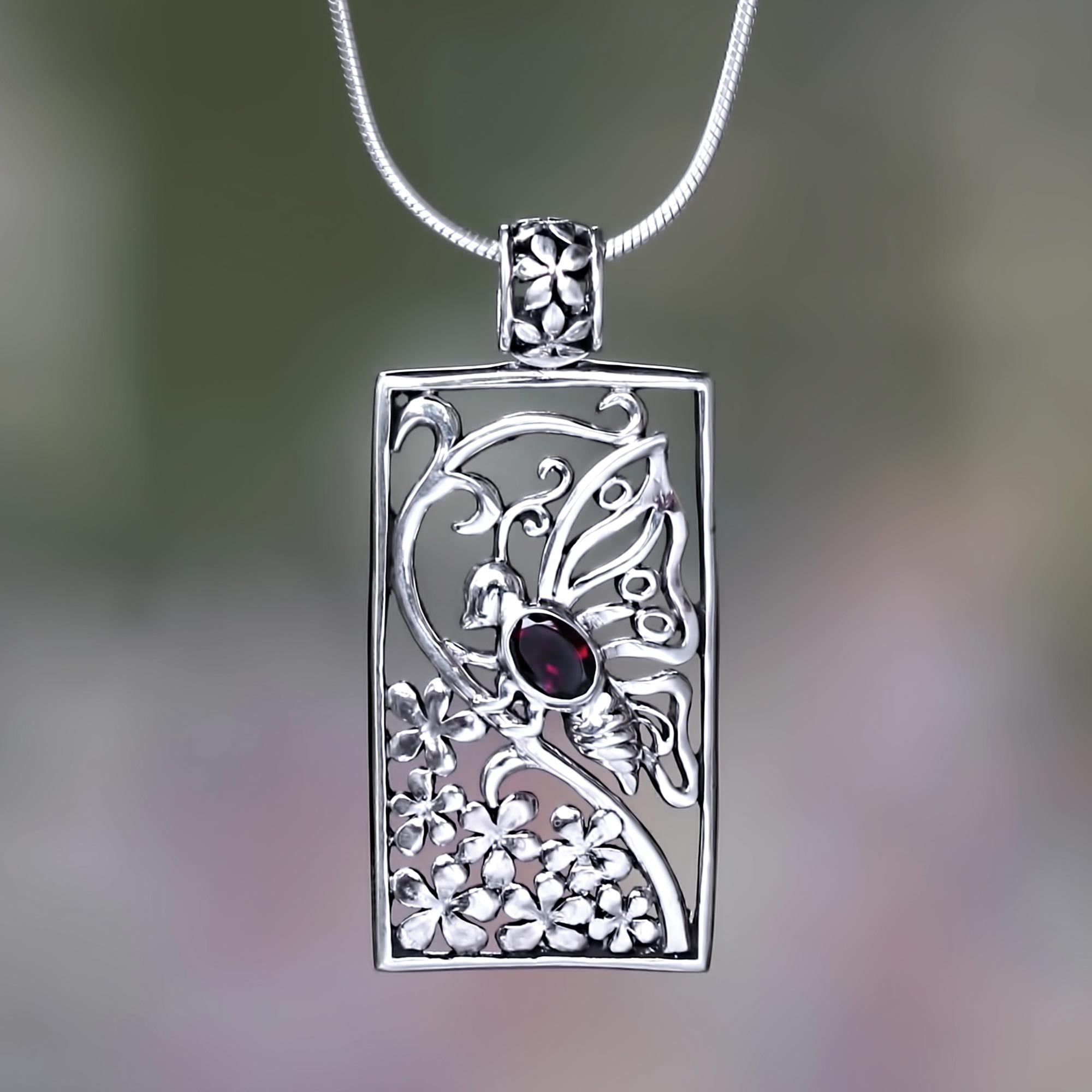 Premium Silver & Garnet Butterfly Necklace - Balinese Chic