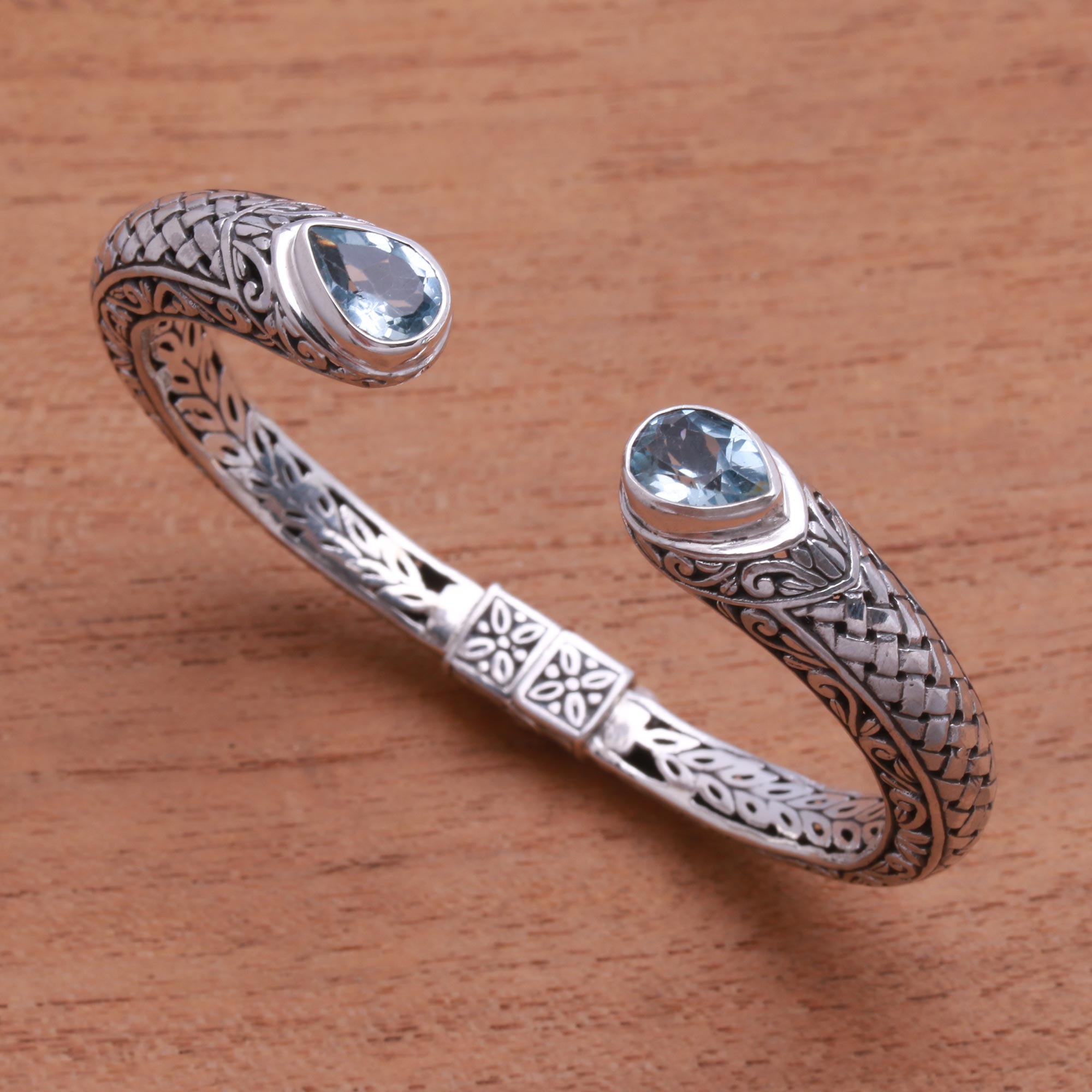 Premium Blue Topaz Cuff Bracelet – Handcrafted in Bali with Intricate Woven Design