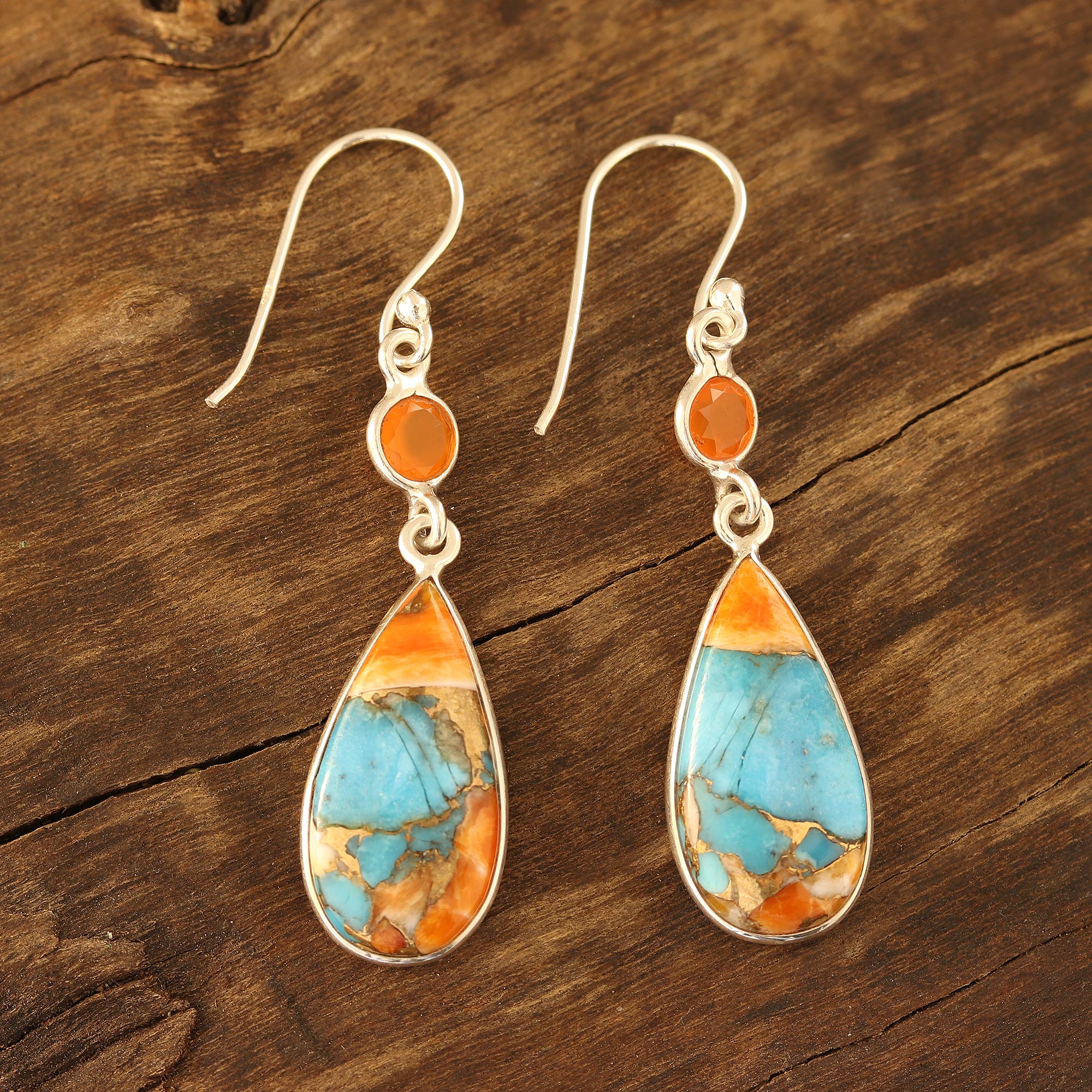 Premium Teardrop Glamour Earrings: Carnelian & Turquoise Elegance from India