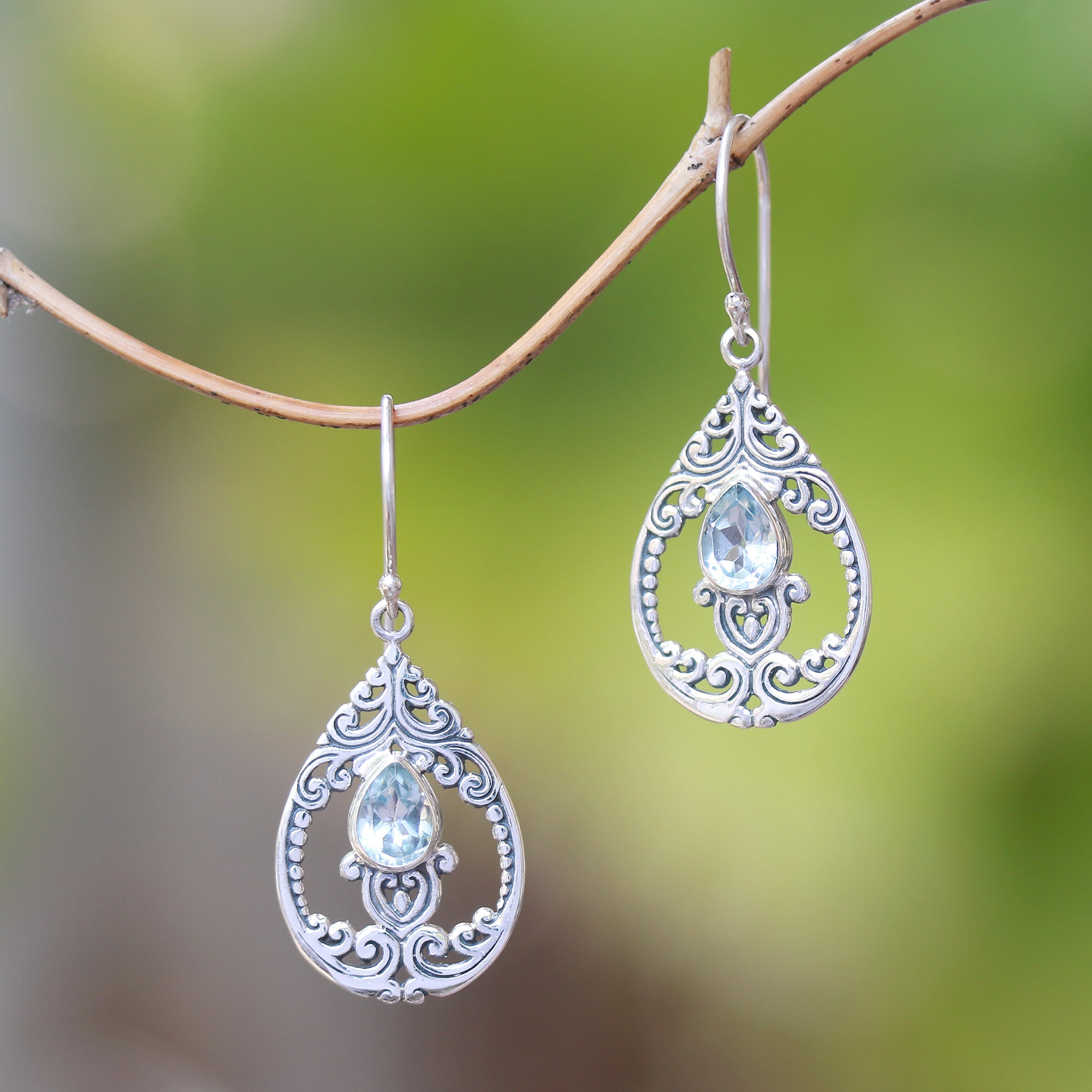 Premium Glittering Pear Blue Topaz Dangle Earrings – Handcrafted in Bali