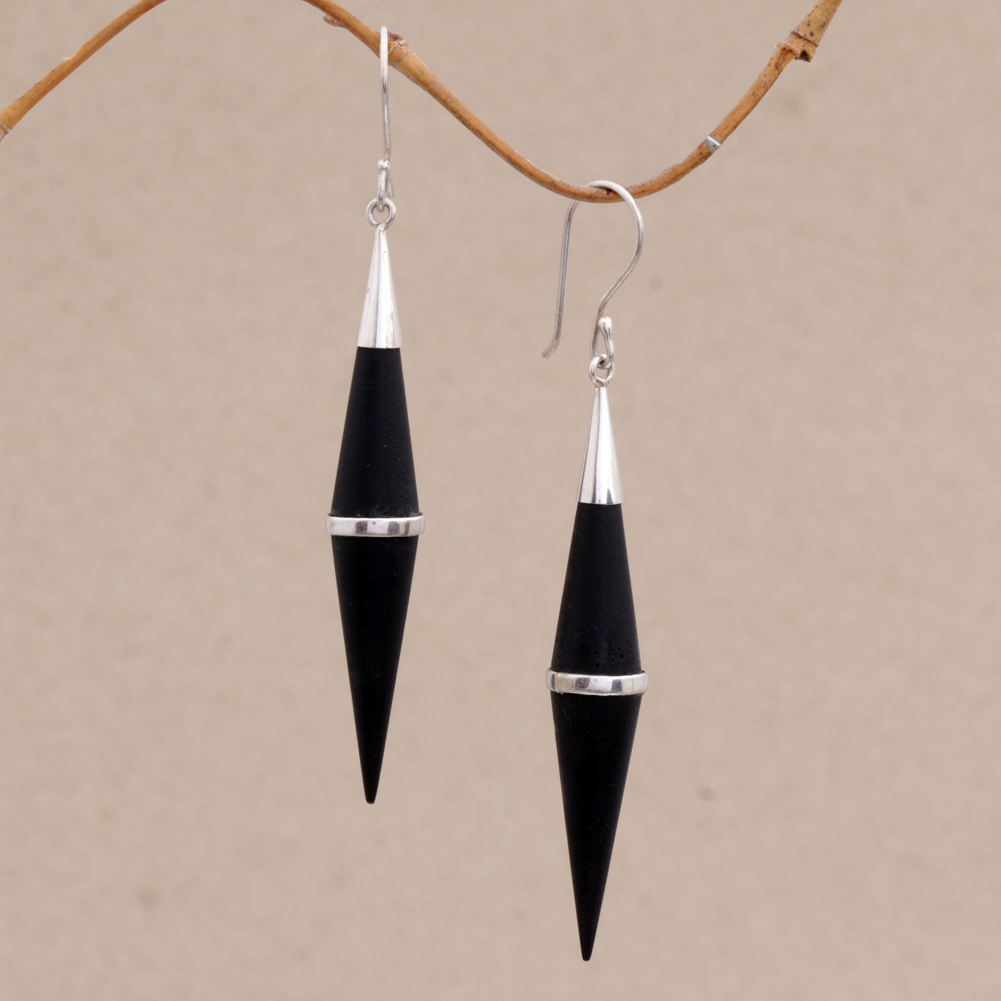 Premium Elegant Cones: Sterling Silver & Sono Wood Dangle Earrings