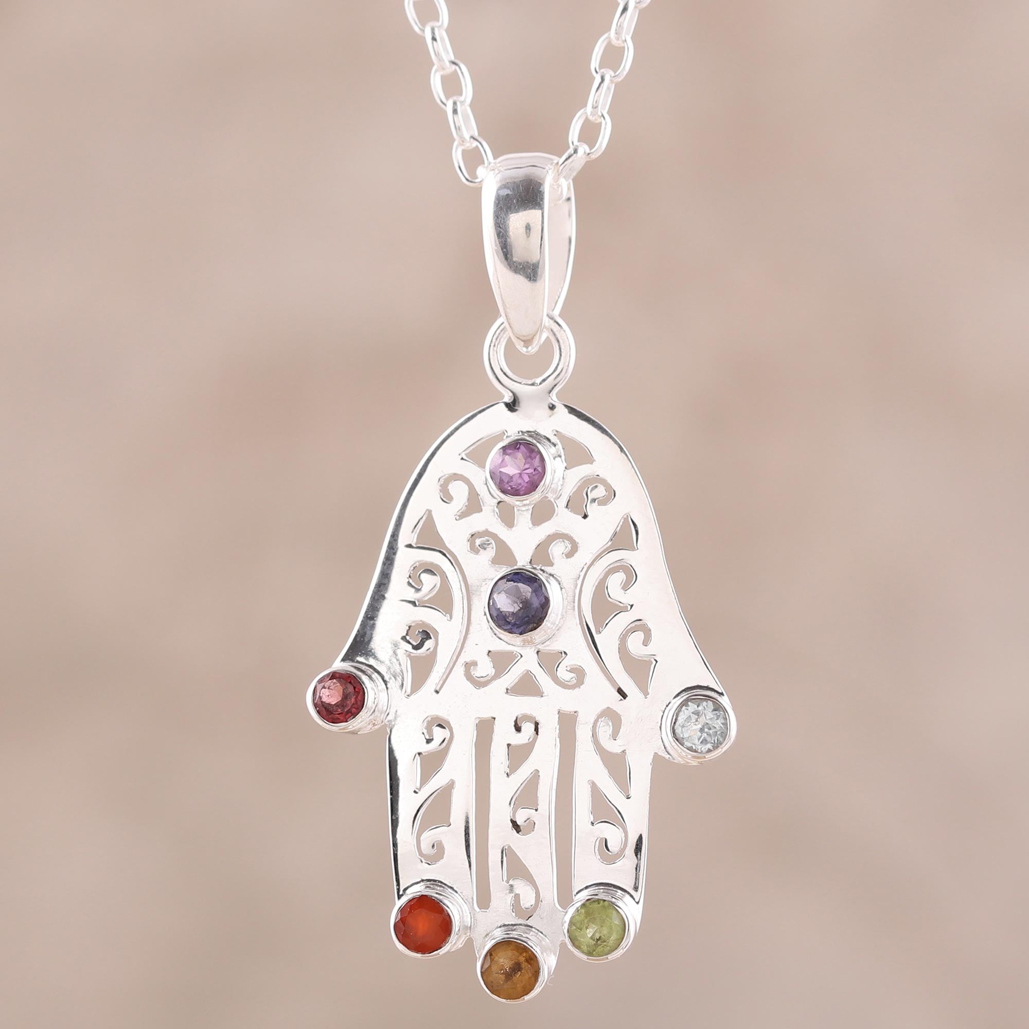 Premium Hamsa Chakra Multi-Gemstone Protection Necklace