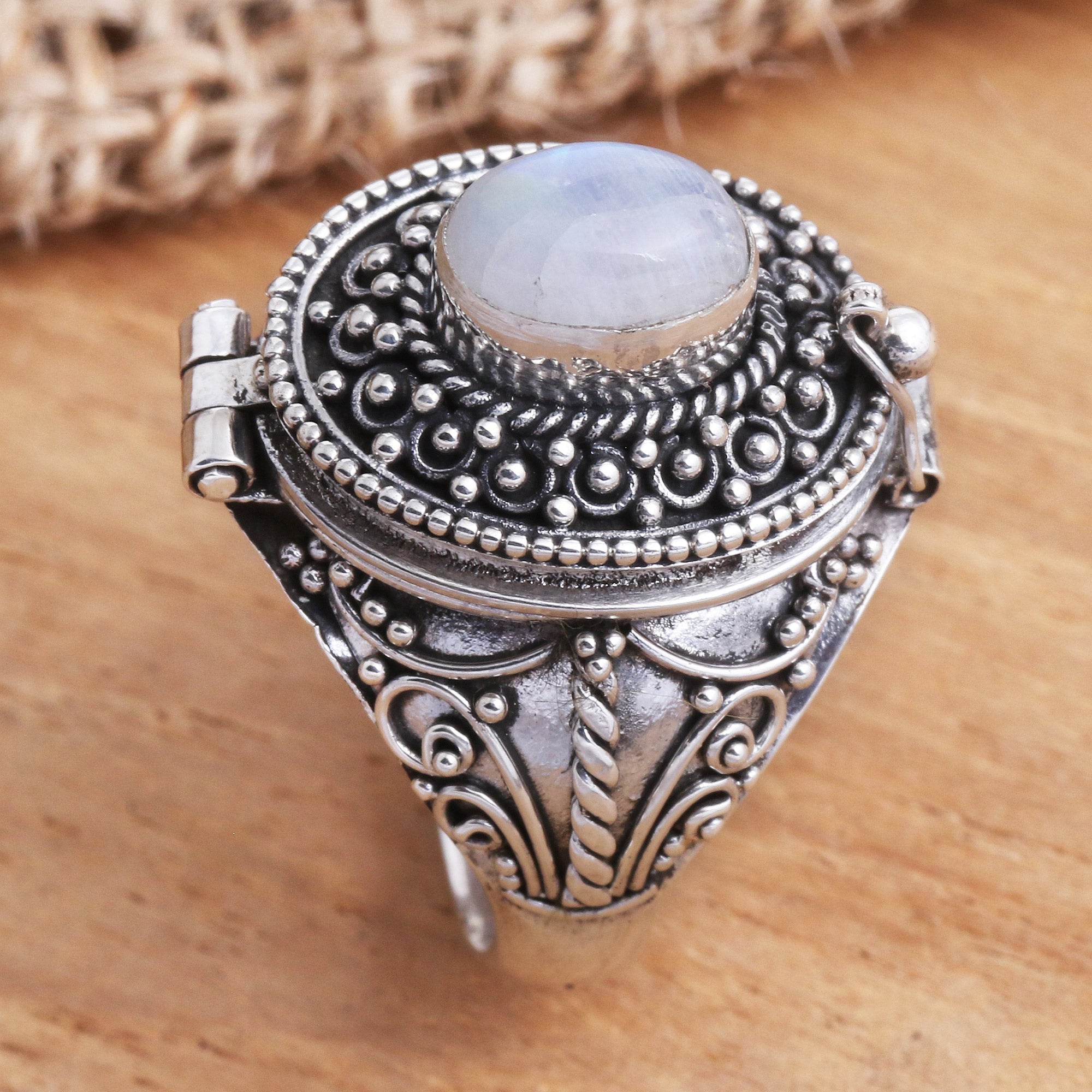 Premium Secret Compartment Rainbow Moonstone Cocktail Ring - Sterling Silver