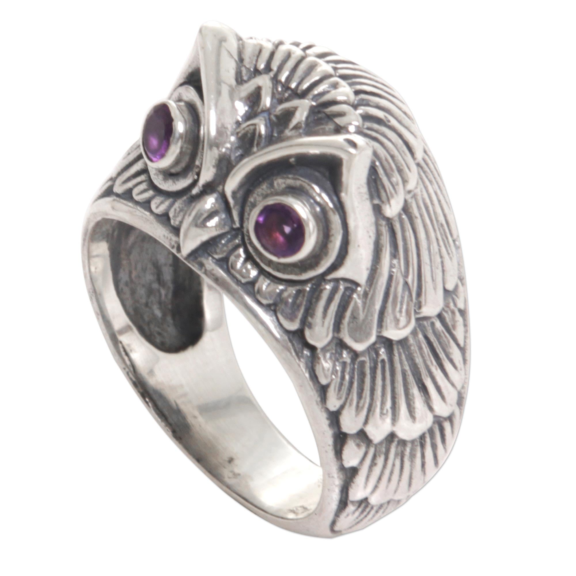 NOVICA Premium Amethyst Sterling Silver Ring 'Night Watcher in Purple' - Handcrafted Elegance