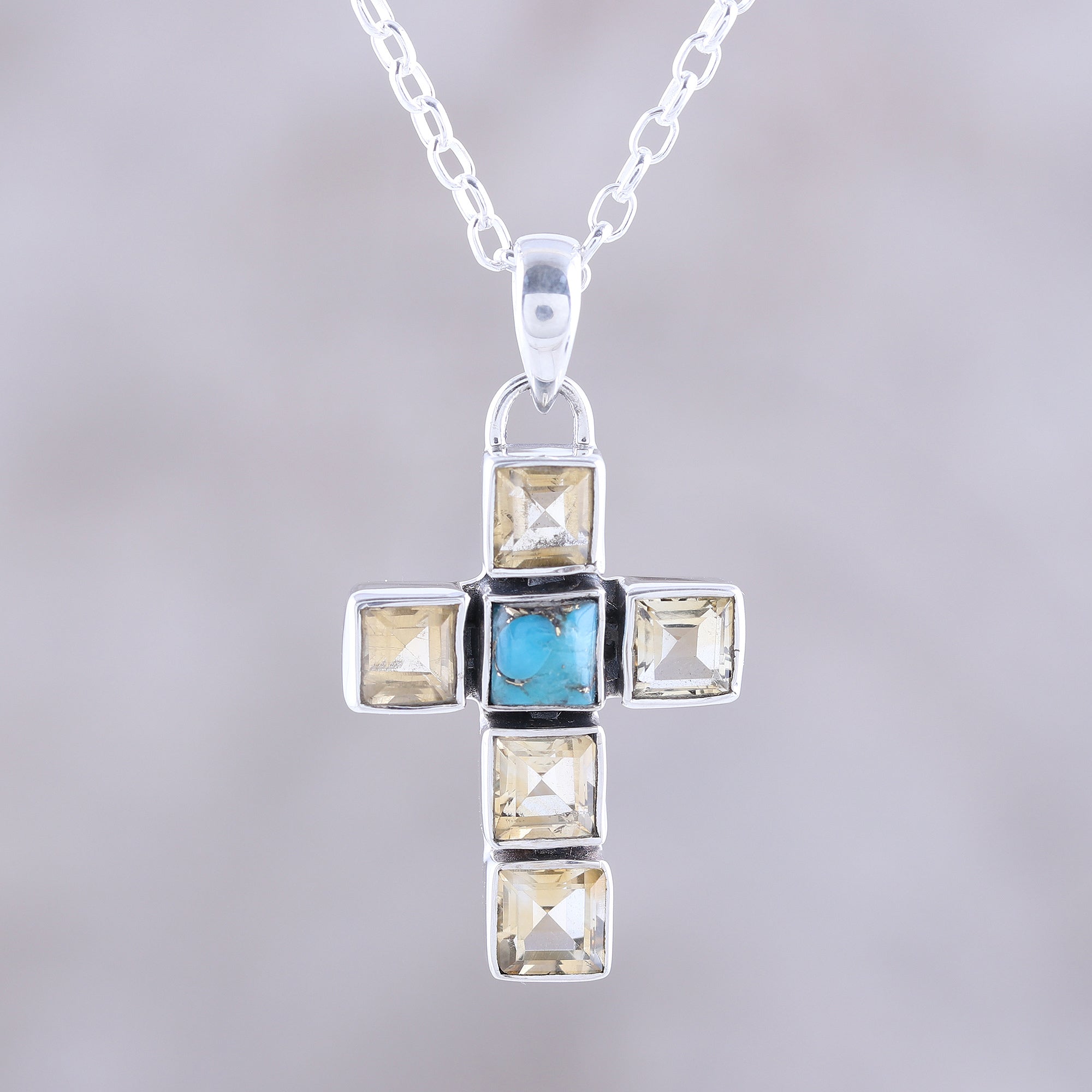 Premium Golden Faith Citrine & Turquoise Cross Pendant Necklace