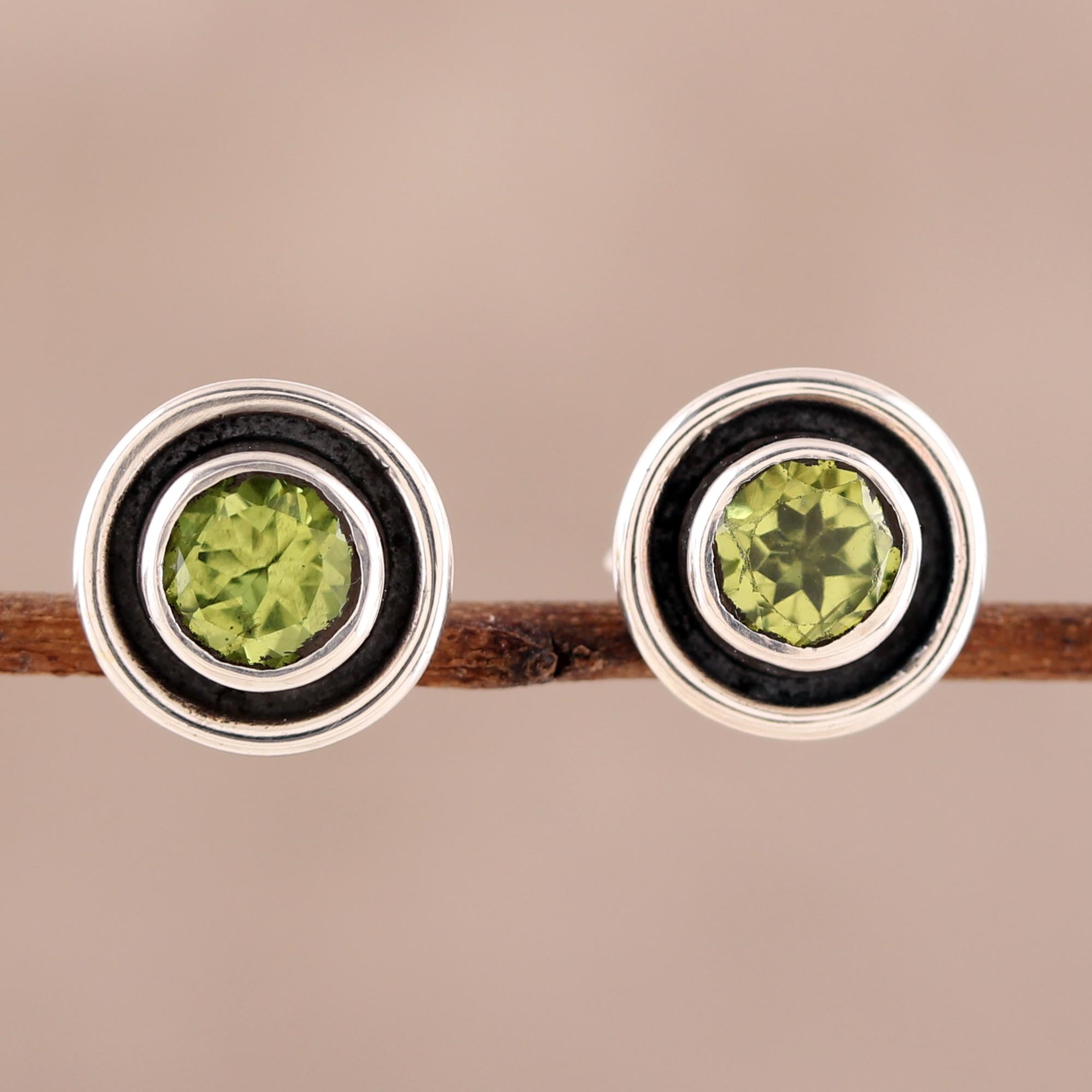 Premium Circular Peridot Stud Earrings - Handcrafted Sterling Silver Jewelry from India