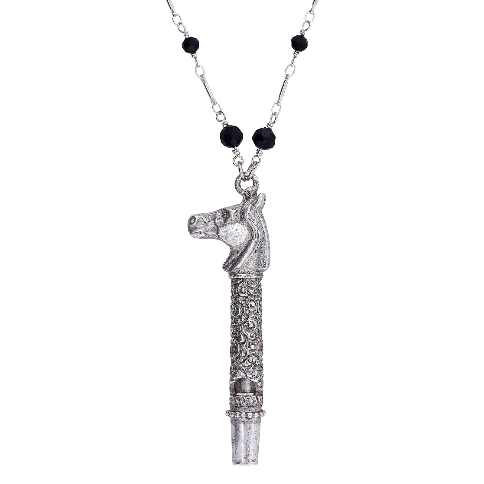 Premium Pewter Horse Head Whistle Necklace - Black Beaded Elegance, 30In