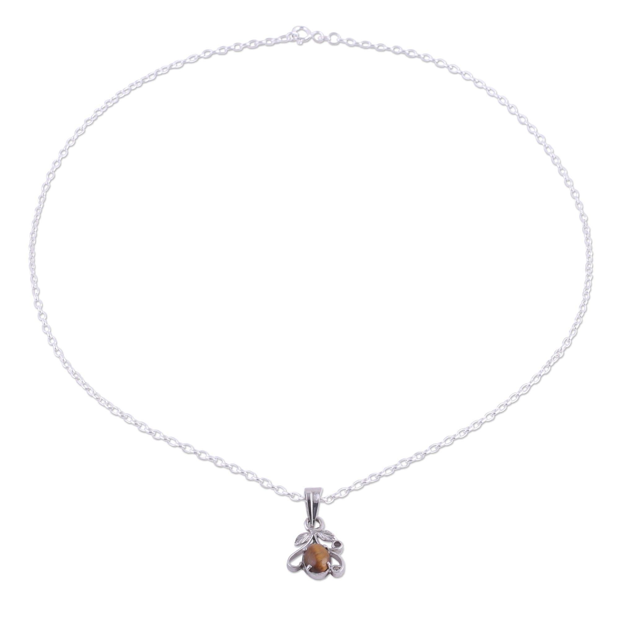 Premium Rhodium-Plated Tiger's Eye Pendant Necklace | Handcrafted Elegance from India