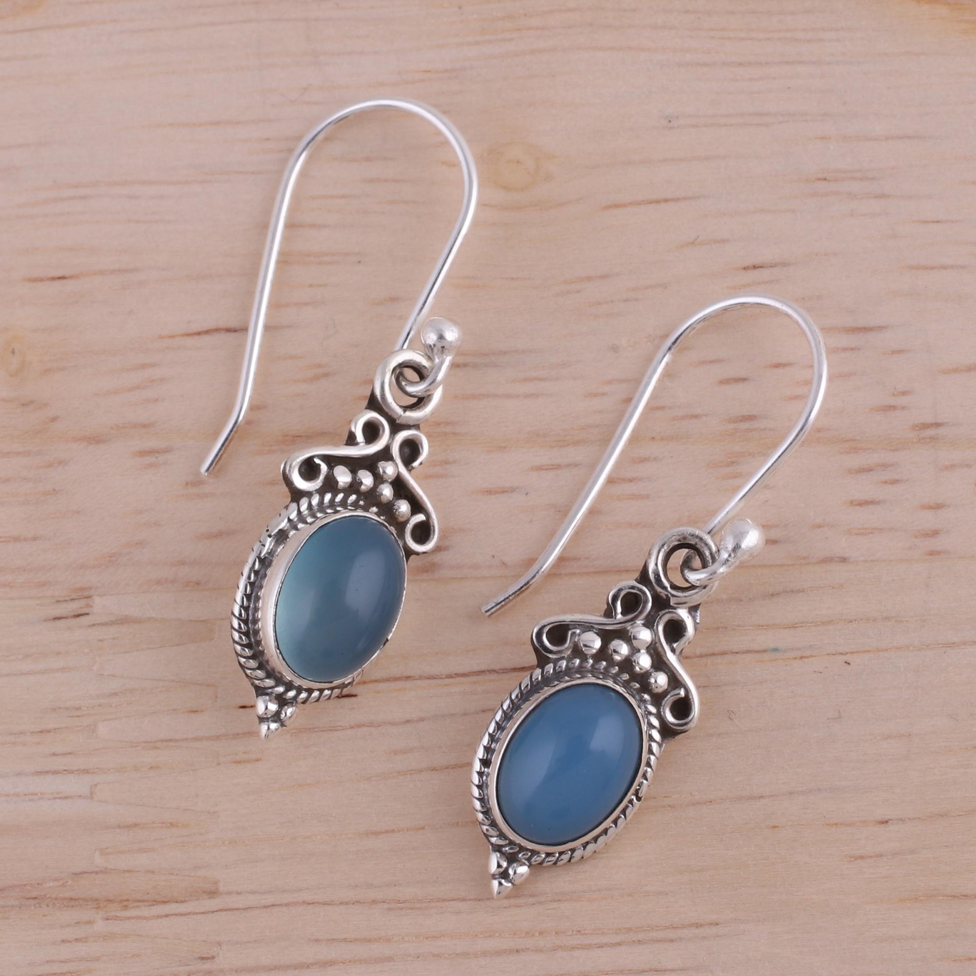 Premium Blue Chalcedony & 925 Silver Dangle Earrings - Handcrafted Elegance from India