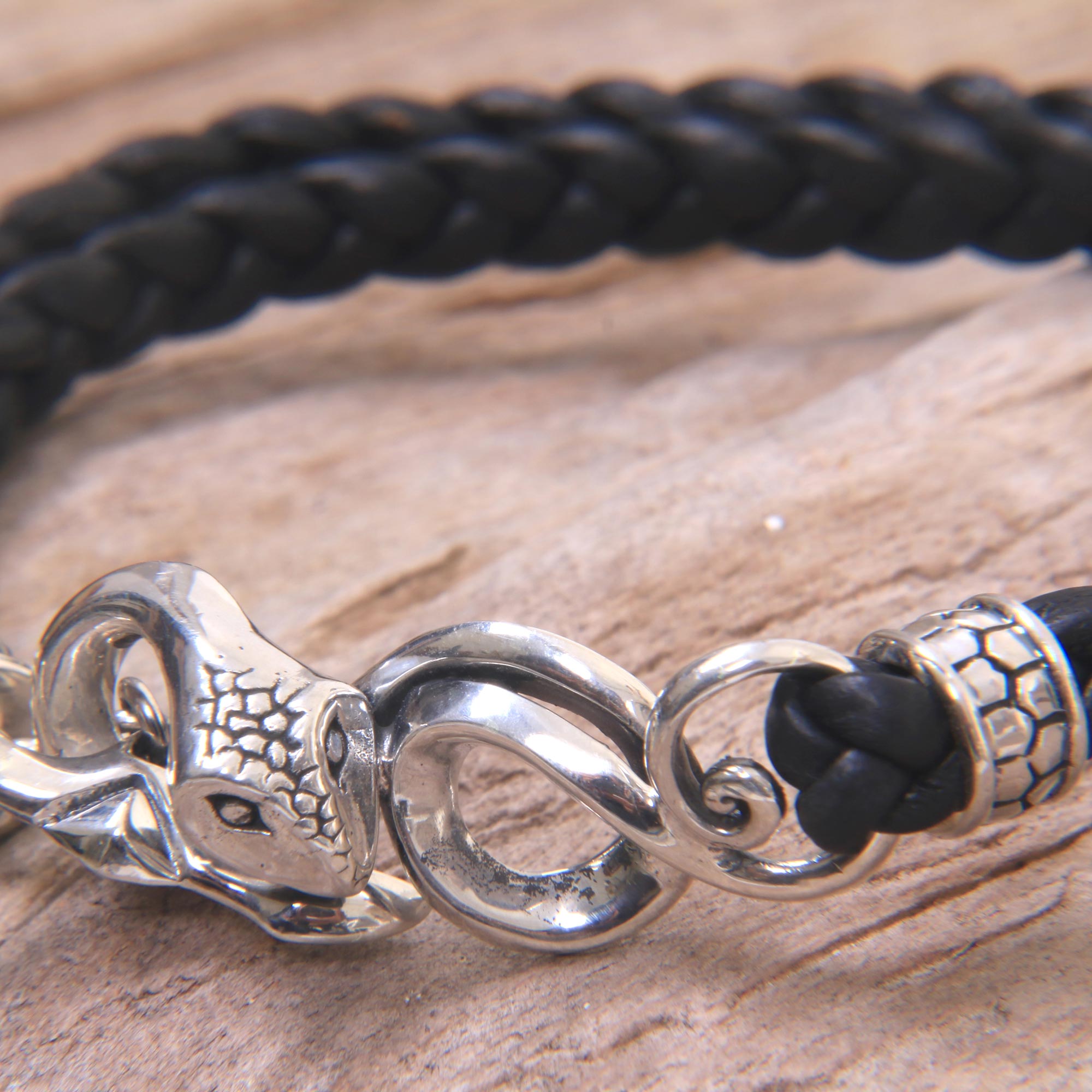 Premium Cobra Men's Black Leather Bracelet – Handcrafted with Sterling Silver Snake Clasp