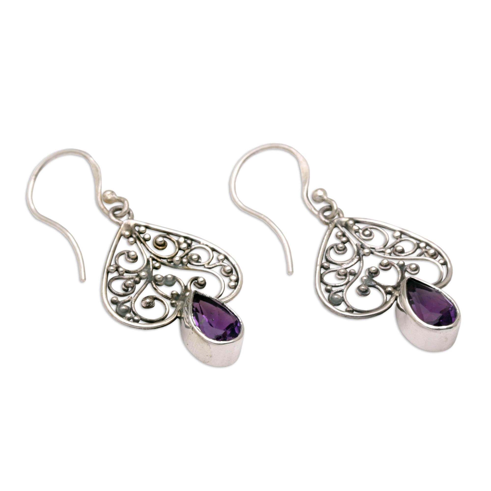 Premium Sterling Silver Amethyst Dangle Earrings – Handcrafted in Bali