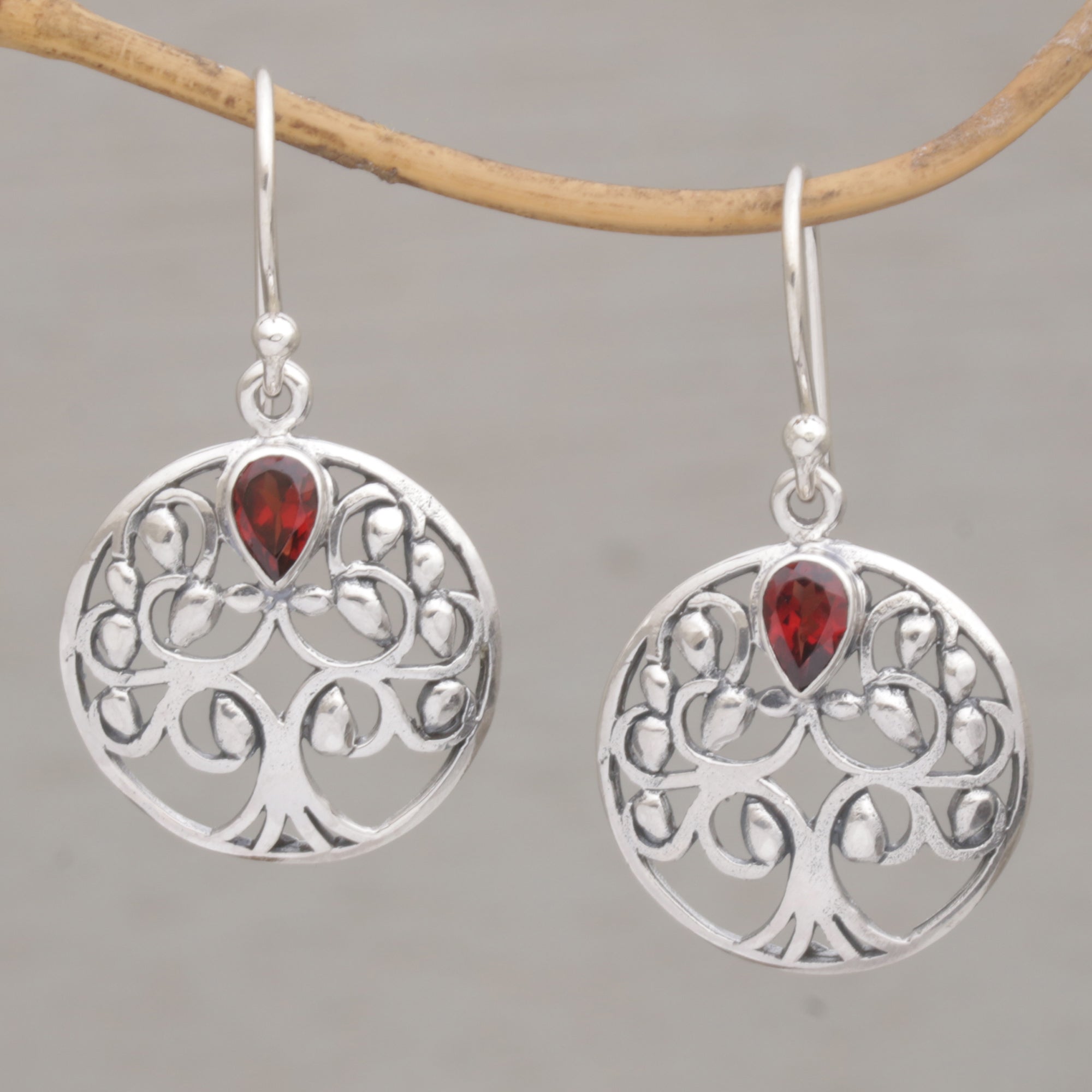 Premium Balinese Garnet & Sterling Silver Tree Dangle Earrings - Handcrafted Elegance