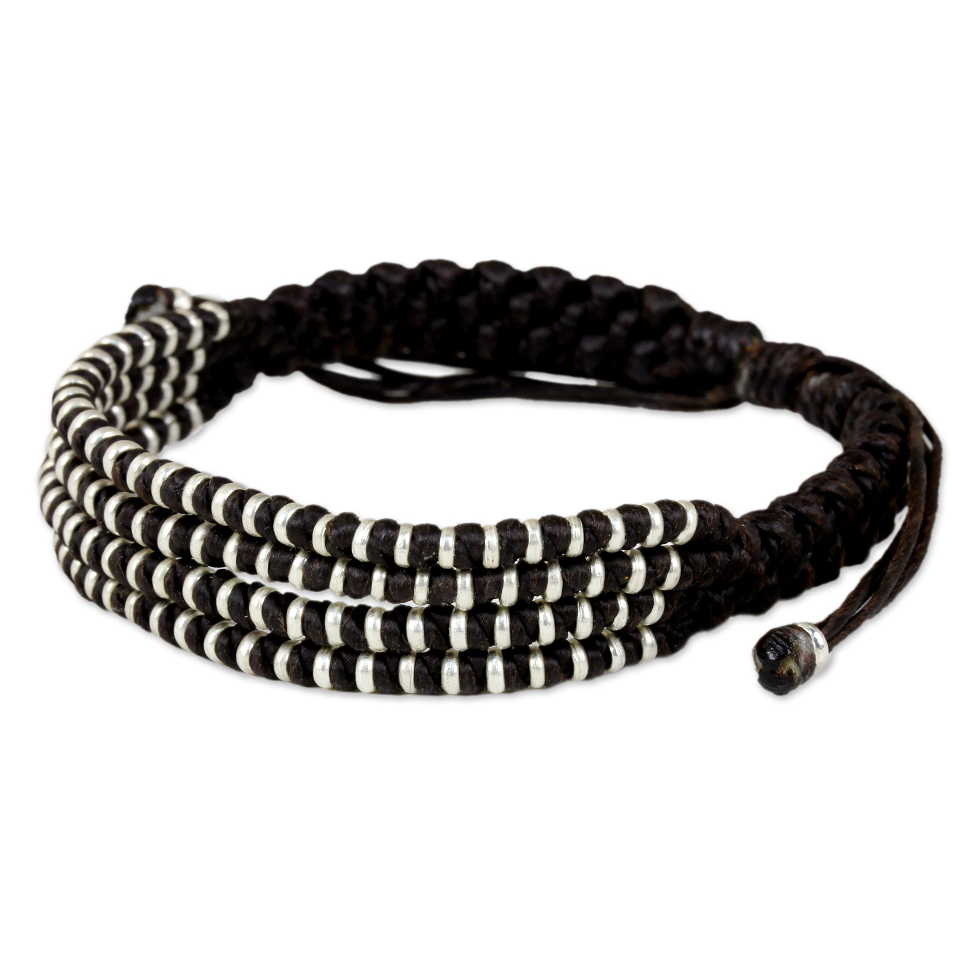 Premium Thai Hill Tribe Silver Macrame Bracelet - Dark Brown & Silver 950