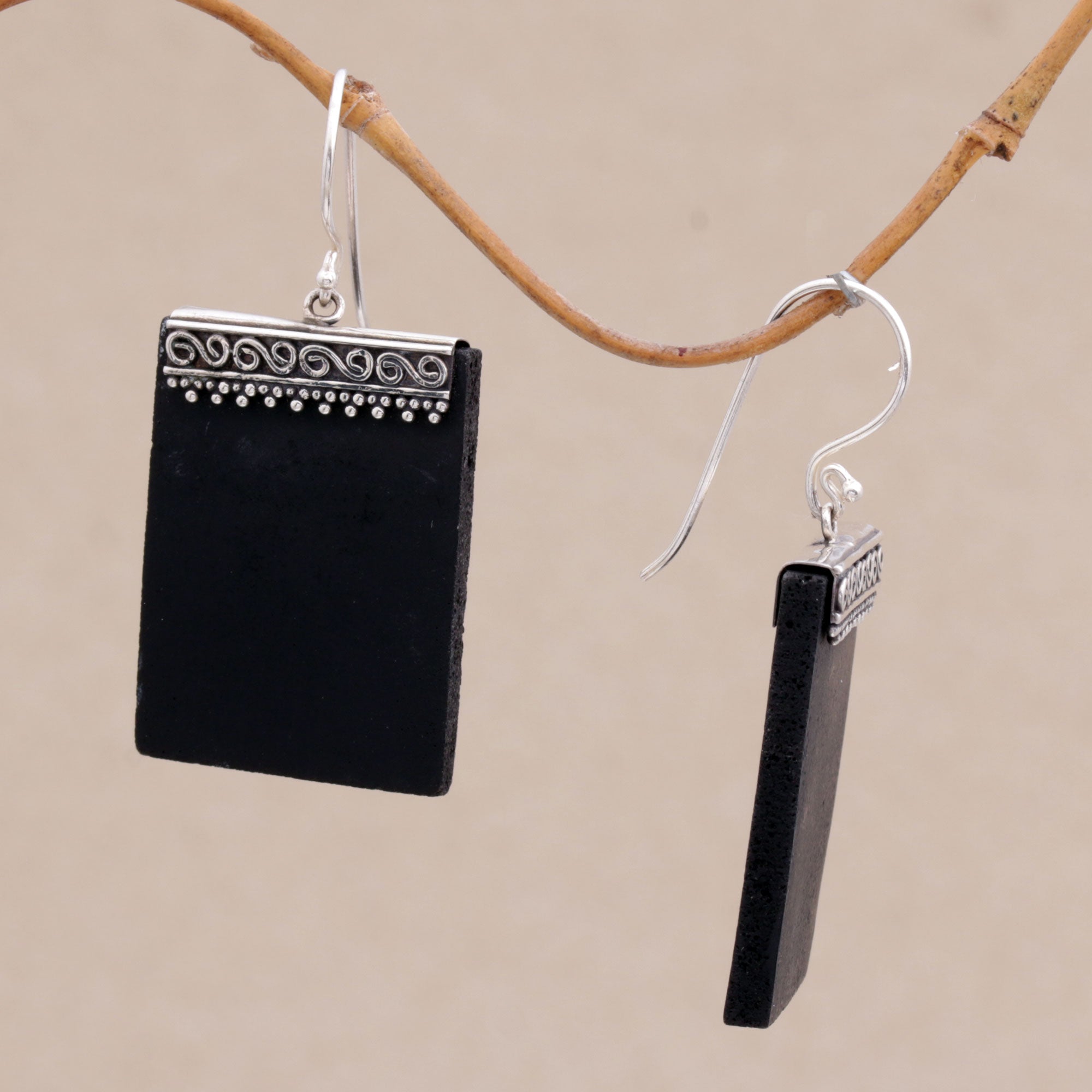 Premium Sterling Silver and Lava Stone Dangle Earrings with Unique Dot Design