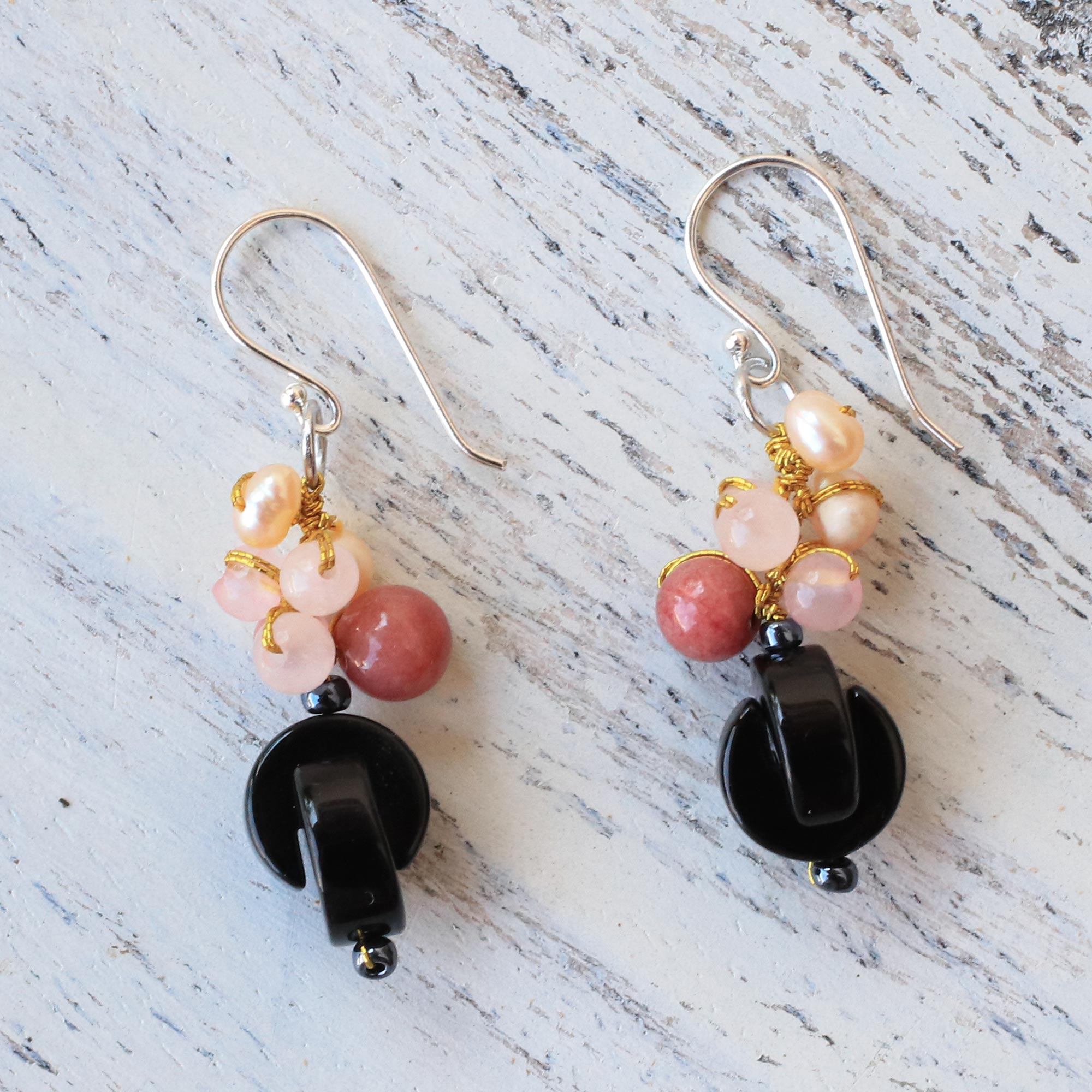 Premium Pink Onyx Multi-Gemstone Dangle Earrings - Handcrafted in Thailand