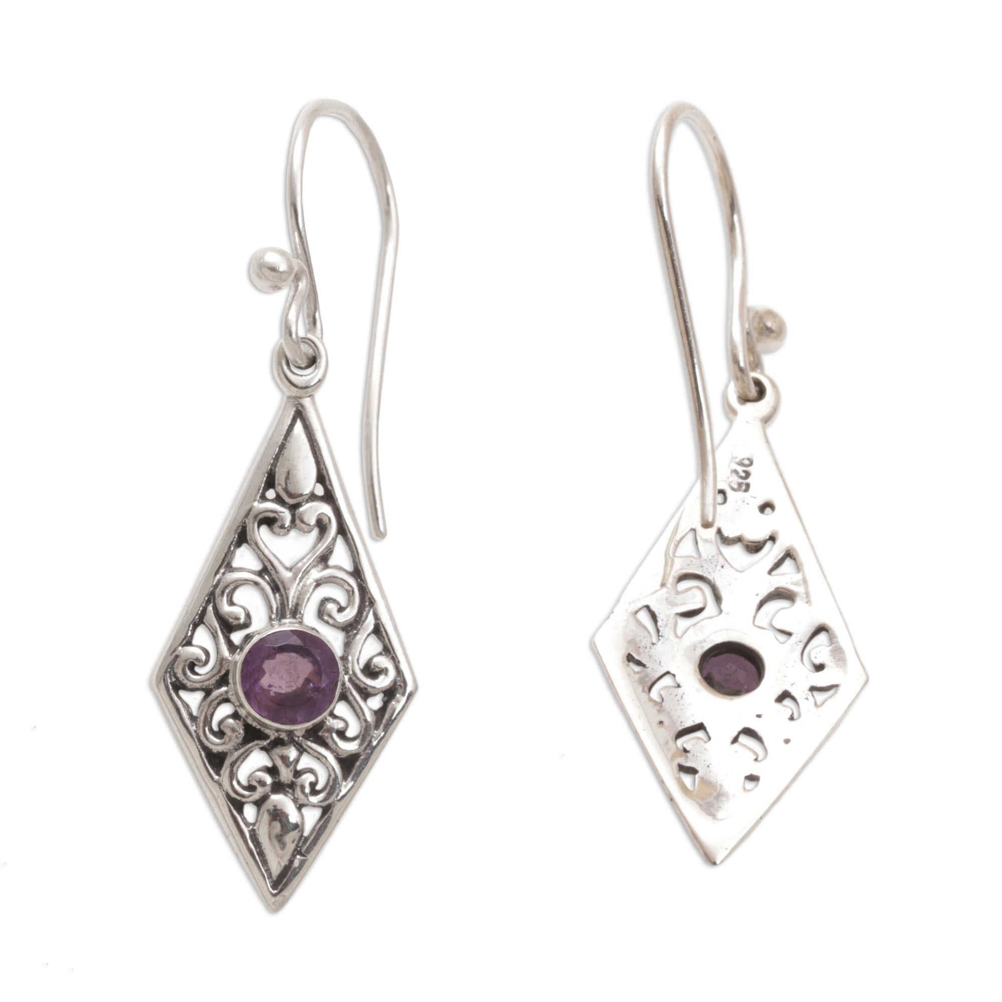 Premium Diamond Vines Amethyst Sterling Silver Dangle Earrings - Handcrafted Elegance