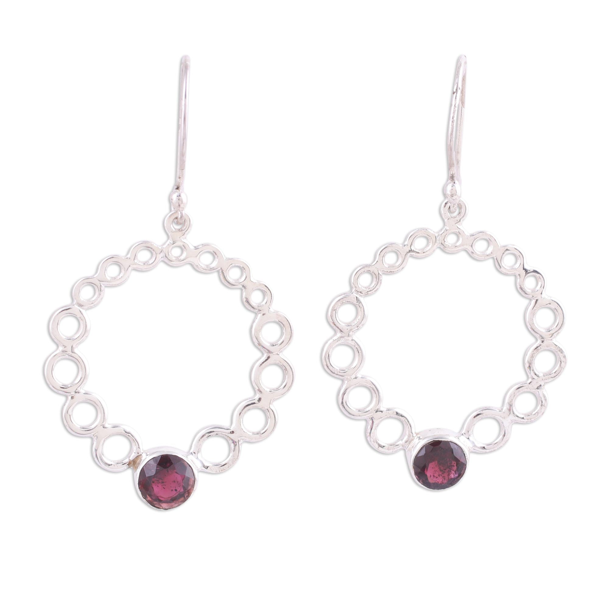 Premium Halo Circle Garnet Dangle Earrings - Handcrafted Sterling Silver Jewelry from India